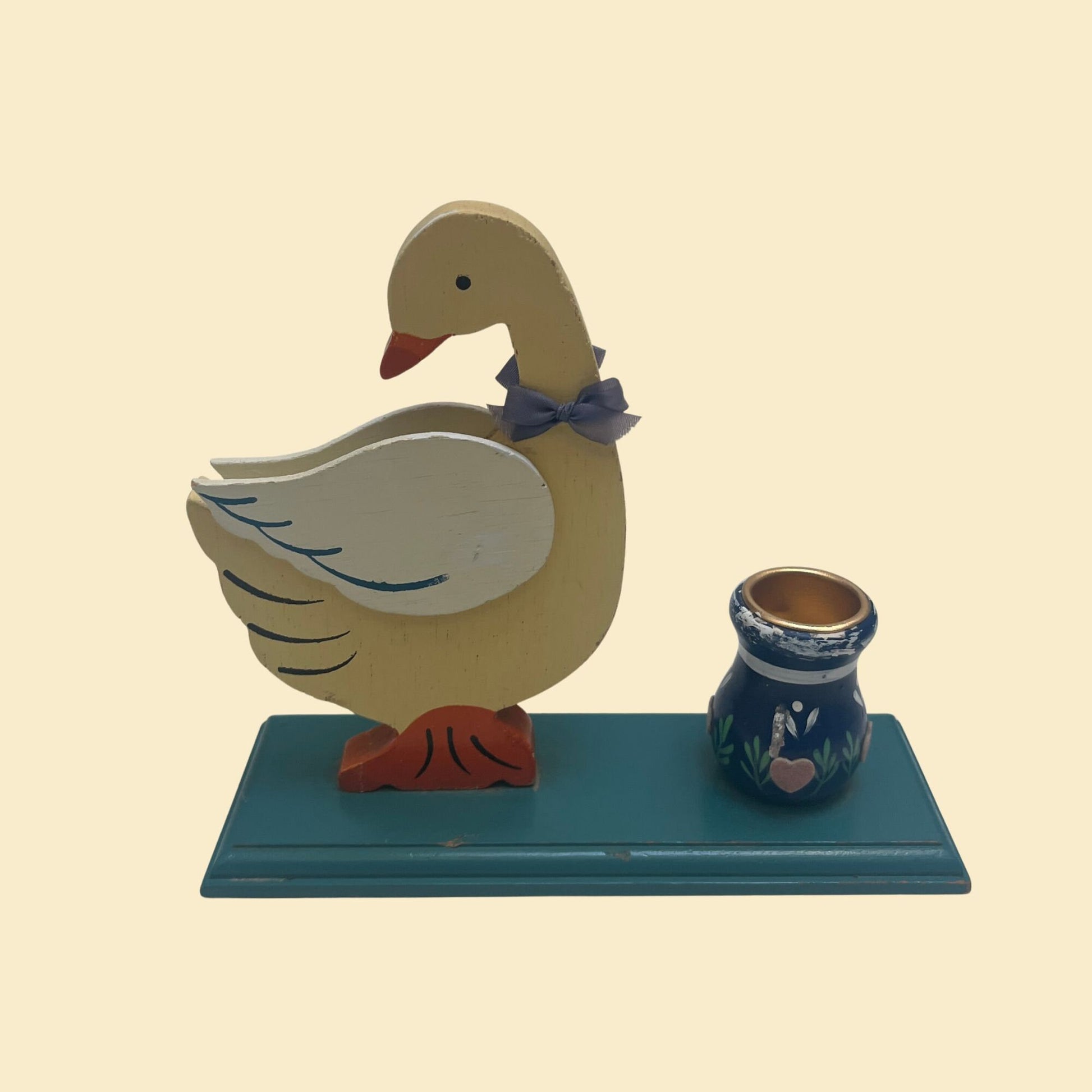 Vintage duck / swan candlestick holder, 1980s painted wooden candle stick holder