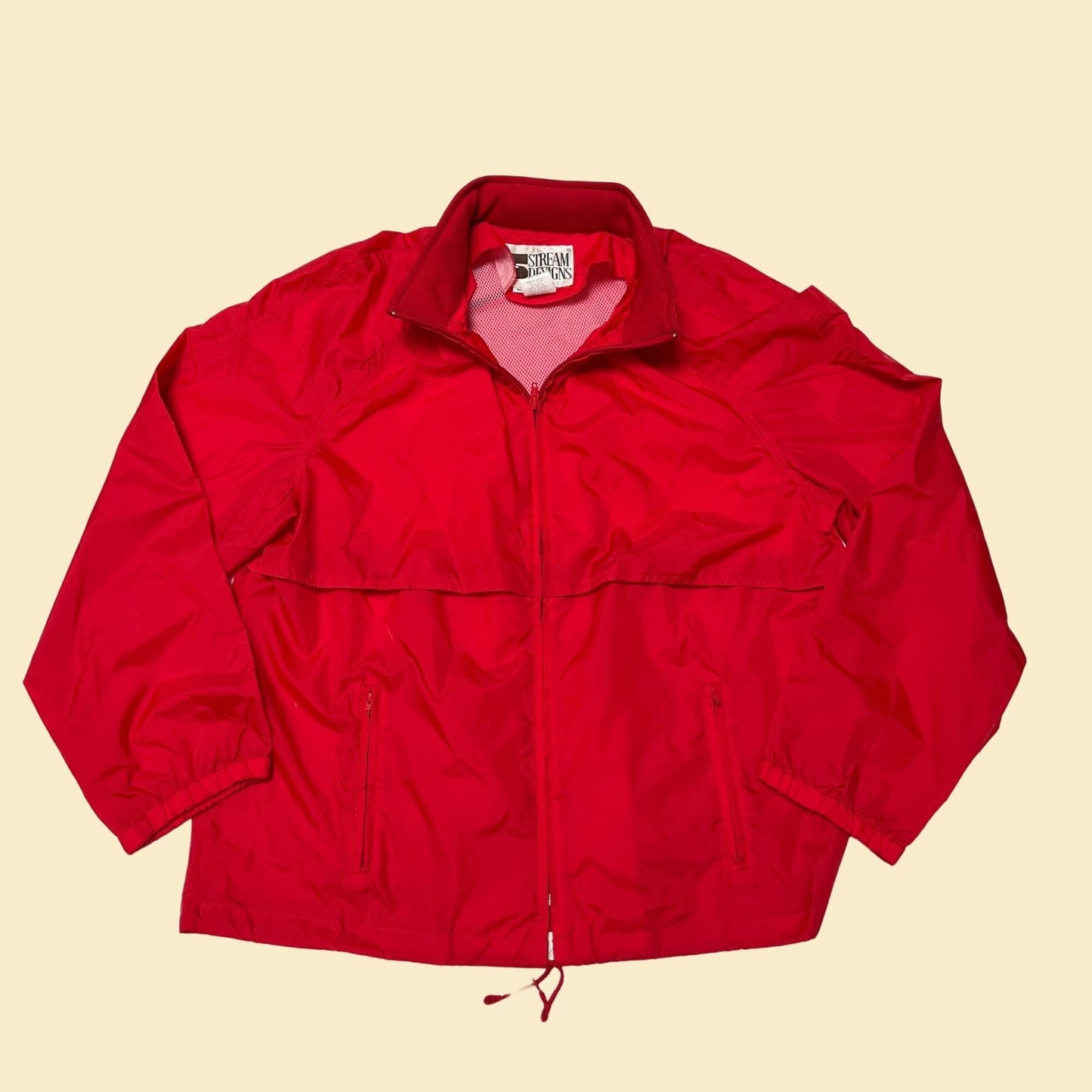 90s red windbreaker jacket by Stream Designs, vintage XL solid red zip up track jacket with storage bag