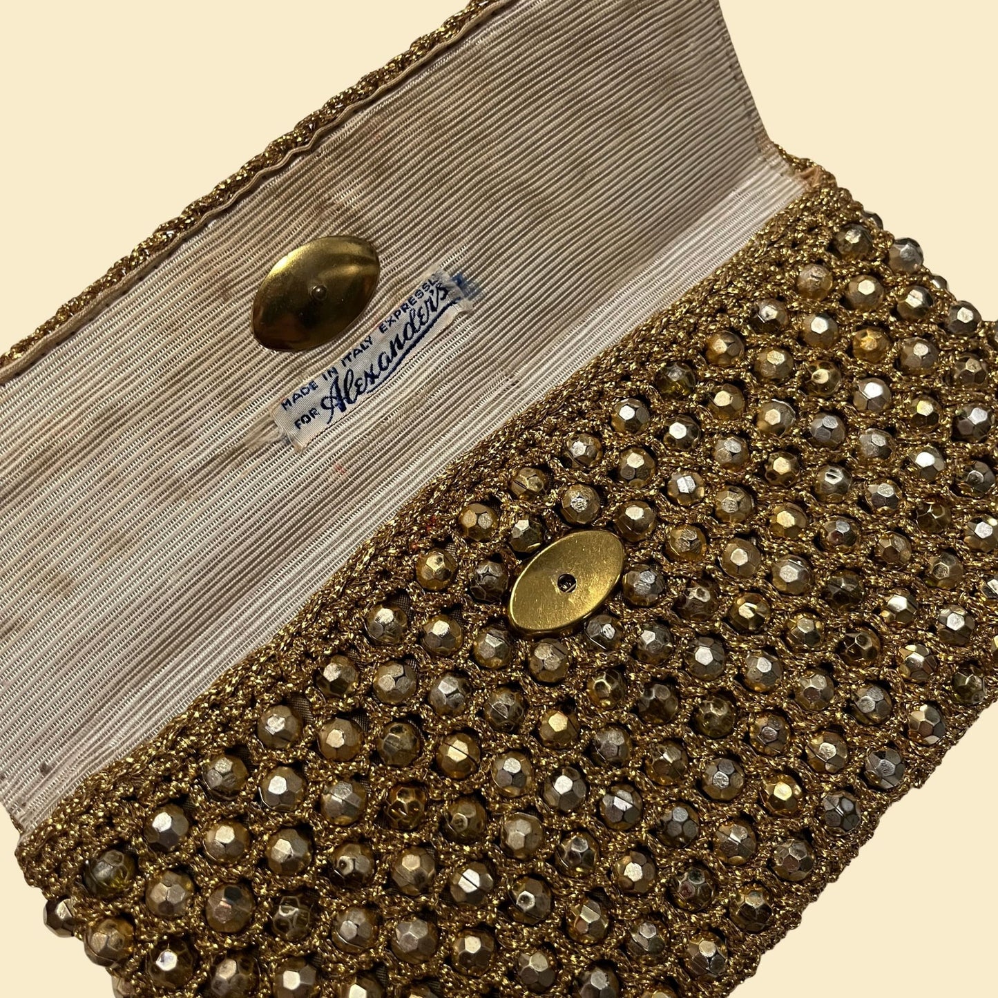 1950s beaded clutch, made in Italy for Alexander's gold handbag, vintage 50s metallic bag