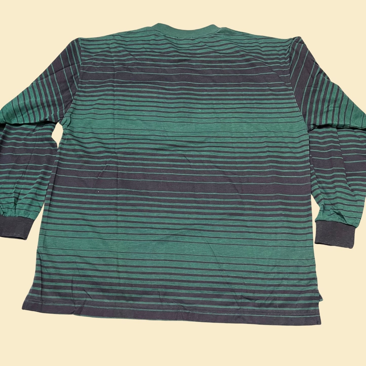 80s XL men's henley t-shirt, vintage long sleeve striped tee with black and green stripes