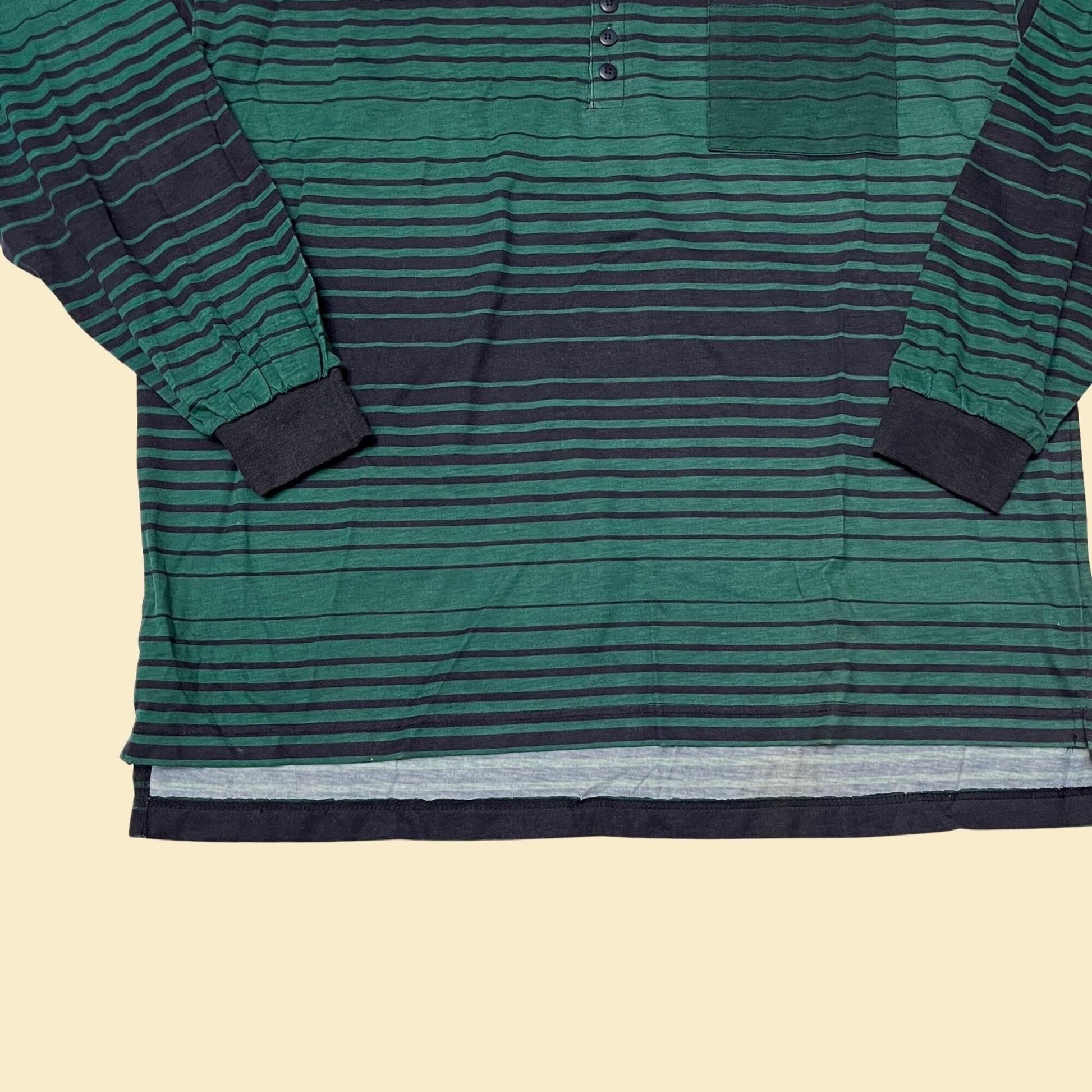 80s XL men's henley t-shirt, vintage long sleeve striped tee with black and green stripes