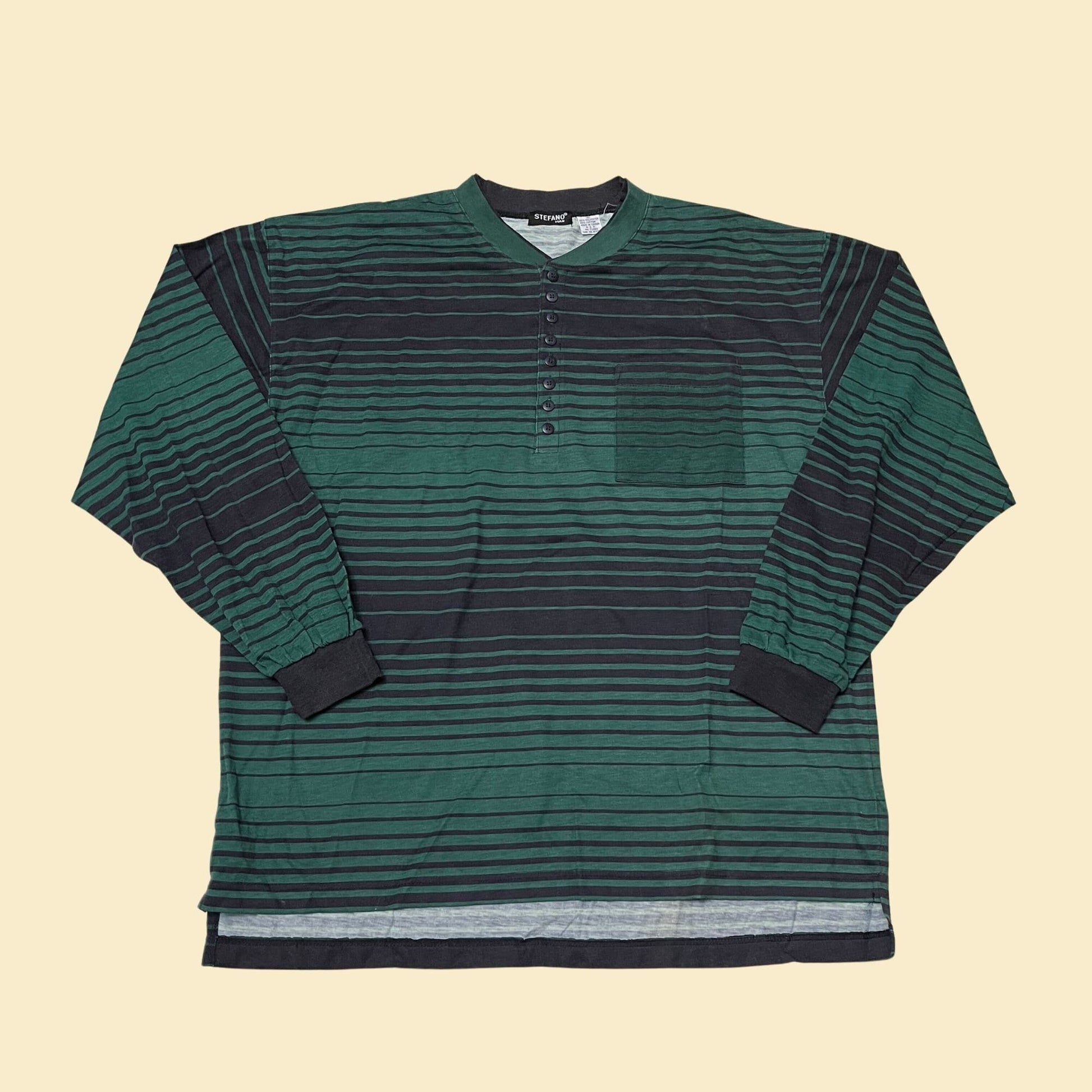 80s XL men's henley t-shirt, vintage long sleeve striped tee with black and green stripes