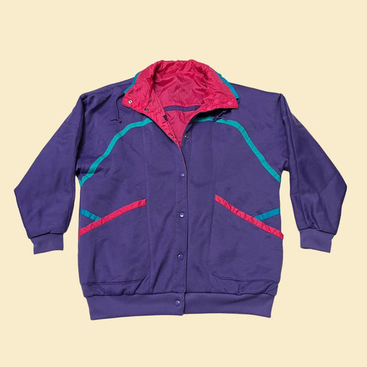 80s reversible jacket in purple teal and pink, vintage Be In The Current Seen 1980s windbreaker jacket