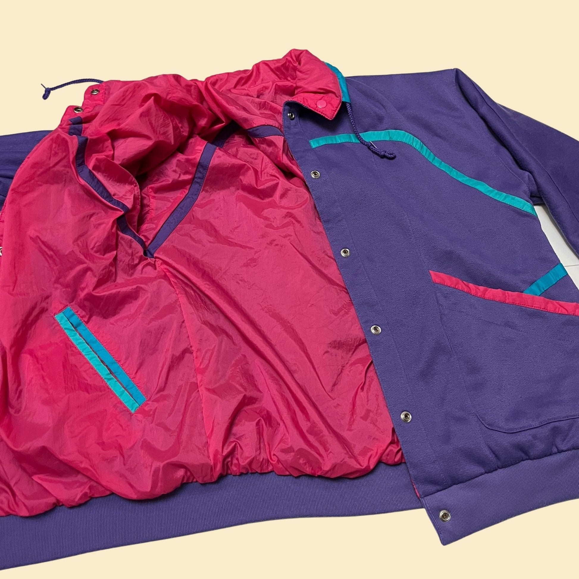 80s reversible jacket in purple teal and pink, vintage Be In The Current Seen 1980s windbreaker jacket