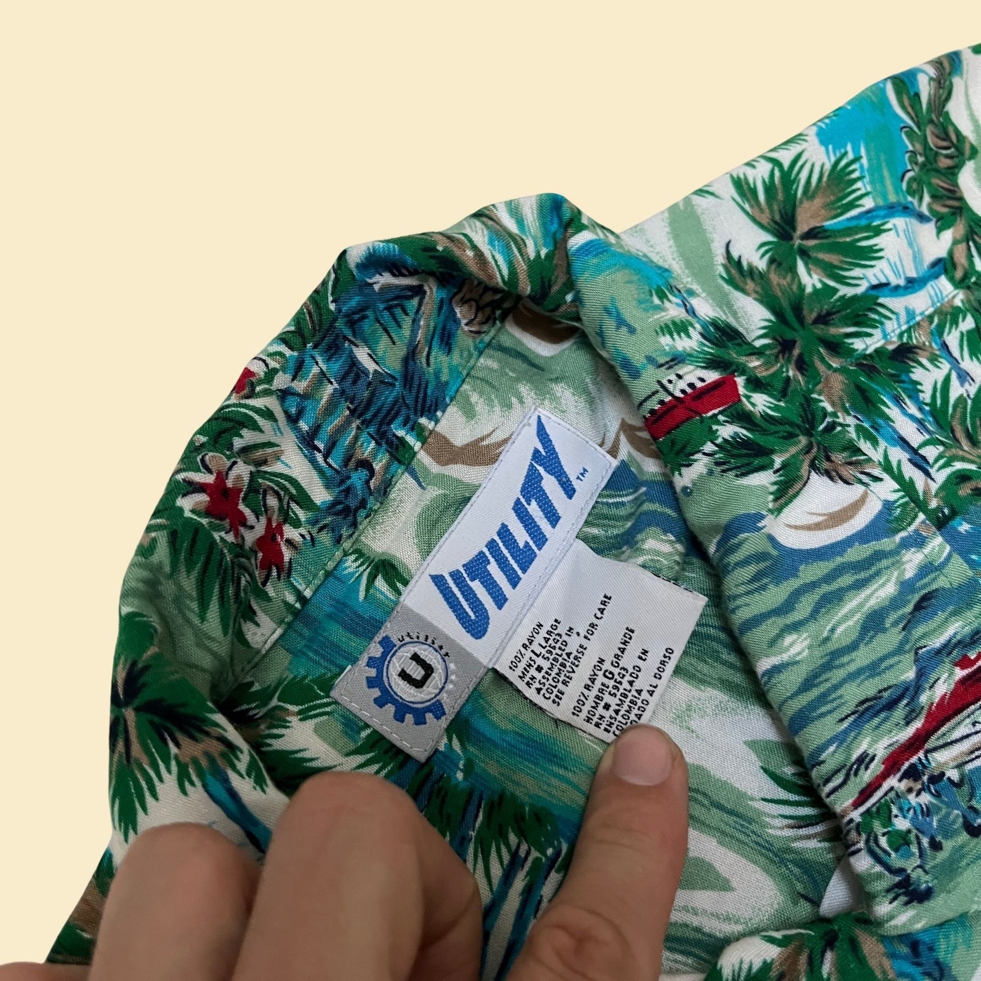 90s palm tree shirt by Utility, large 1990s vintage Hawaiian button down, vintage beach top