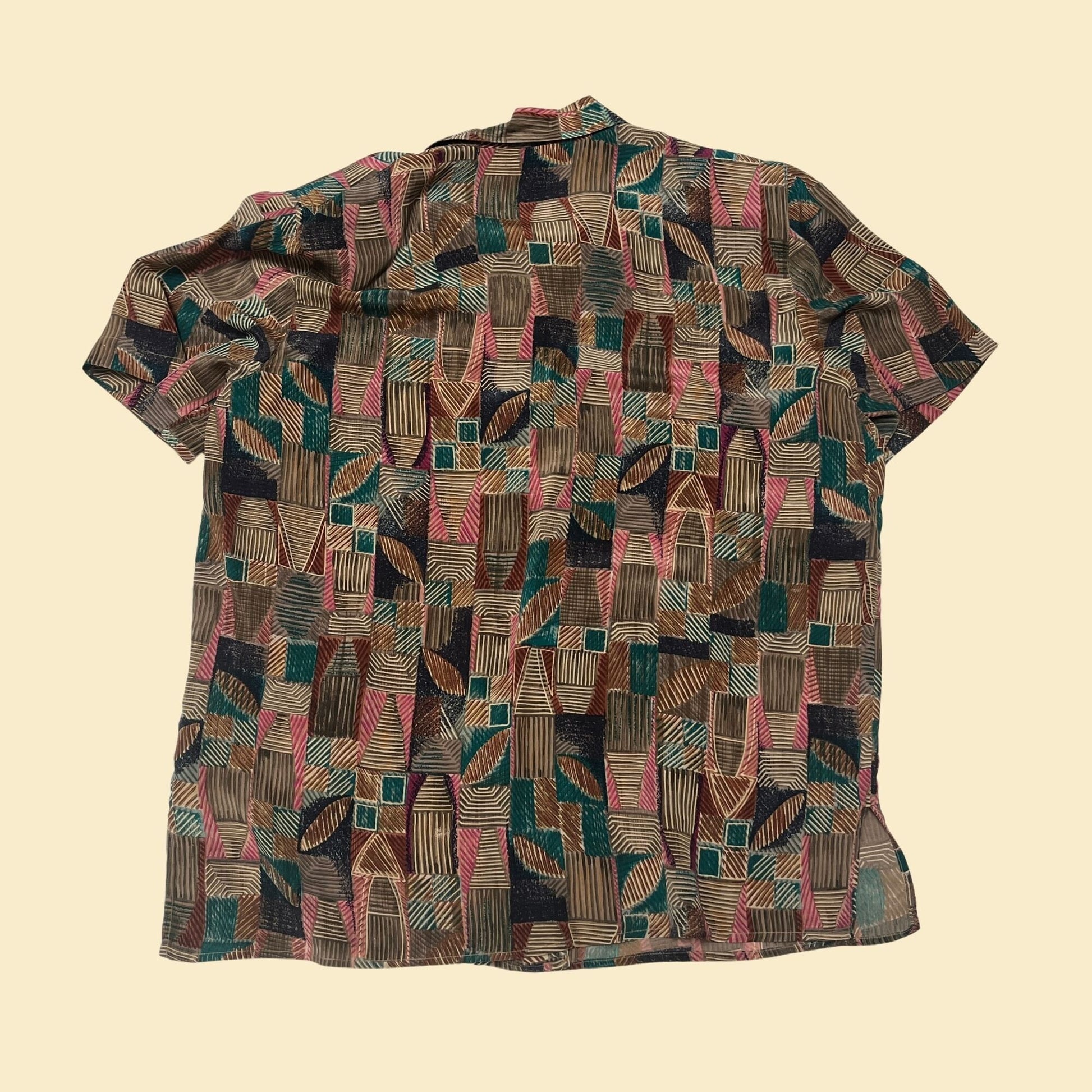 80s silk button down shirt by Quo-silk, teal pink and brown vintage 1980s geometric patterned women's blouse