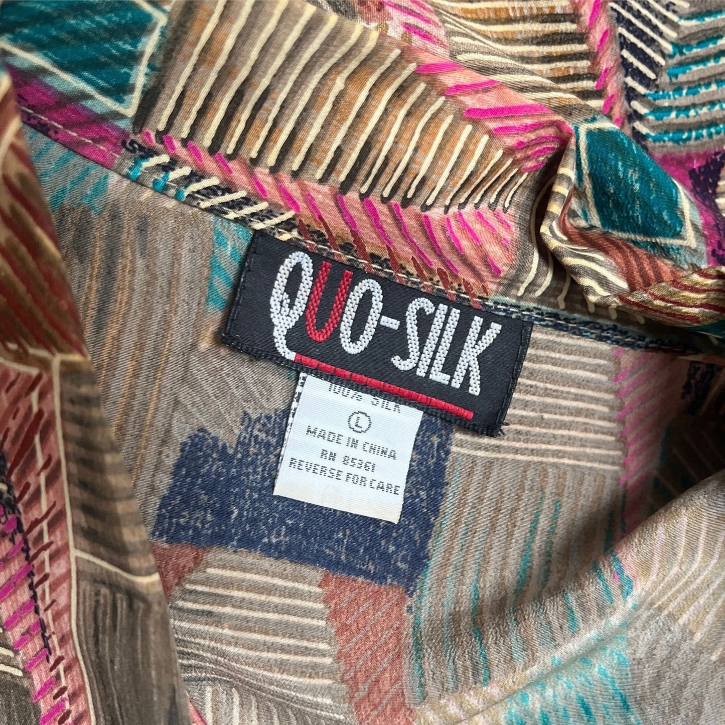 80s silk button down shirt by Quo-silk, teal pink and brown vintage 1980s geometric patterned women's blouse