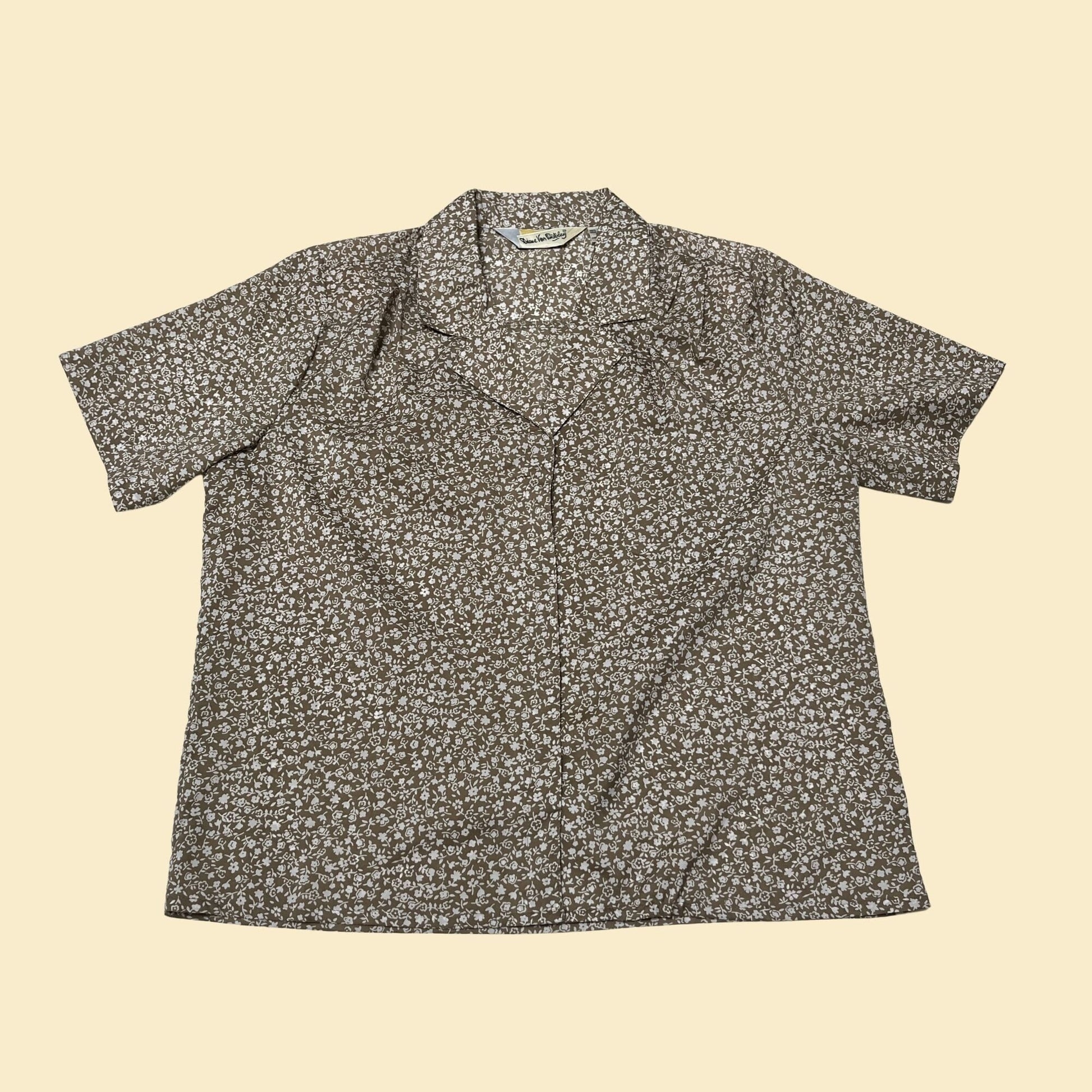 80s Diane Von Furstenberg blouse, vintage olive green and white floral button down, 1980s flower pattern shirt