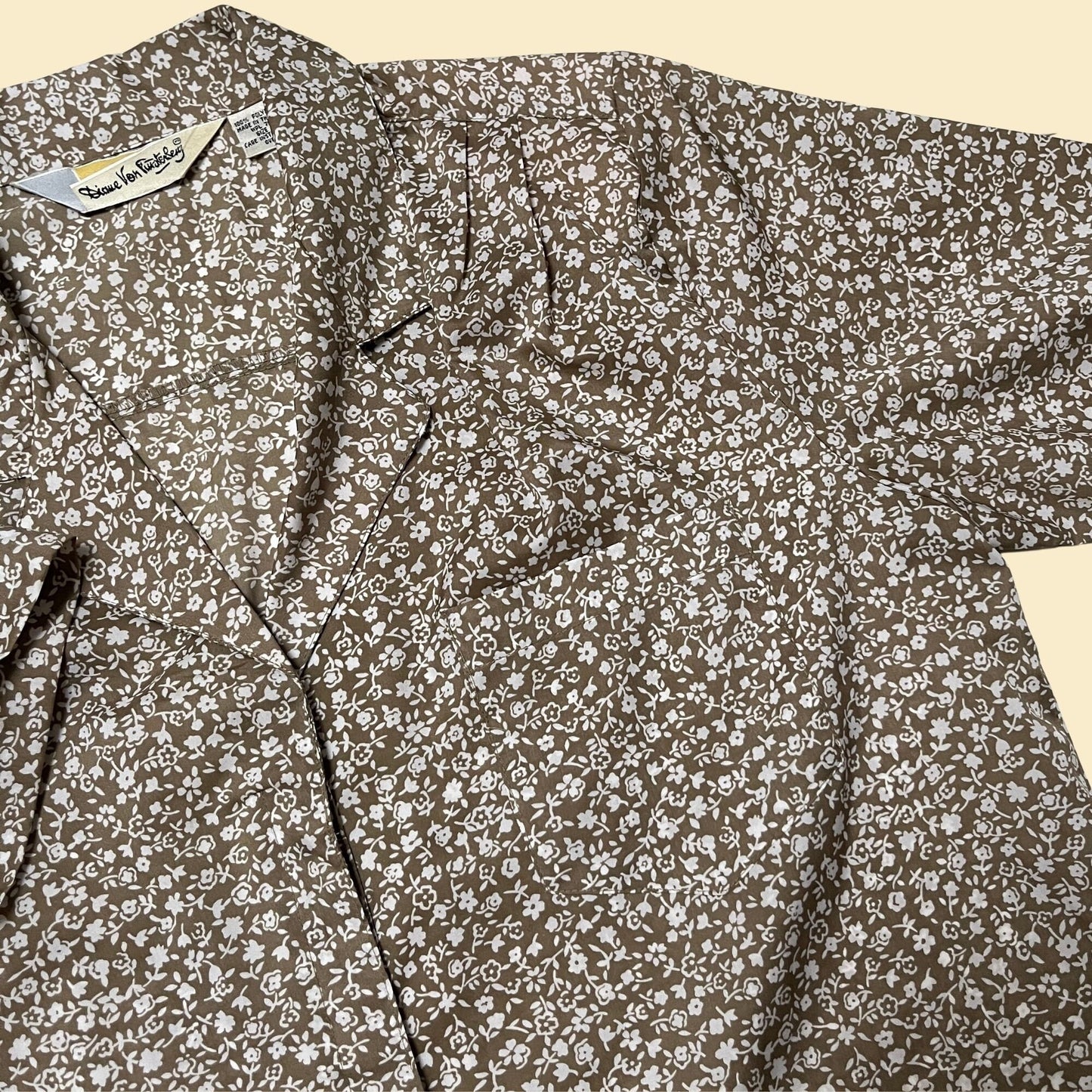 80s Diane Von Furstenberg blouse, vintage olive green and white floral button down, 1980s flower pattern shirt