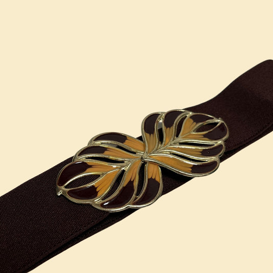 1980s leaf shaped belt buckle / belt, vintage 80s brown and gold elastic cinch belt with floral buckle