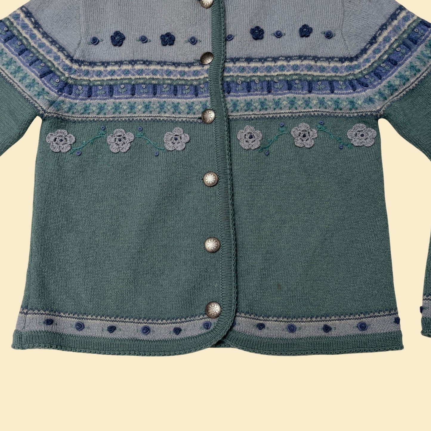 90s blue wool cardigan sweater by Tally-Ho Creations, vintage small floral embroidered button down women's jacket