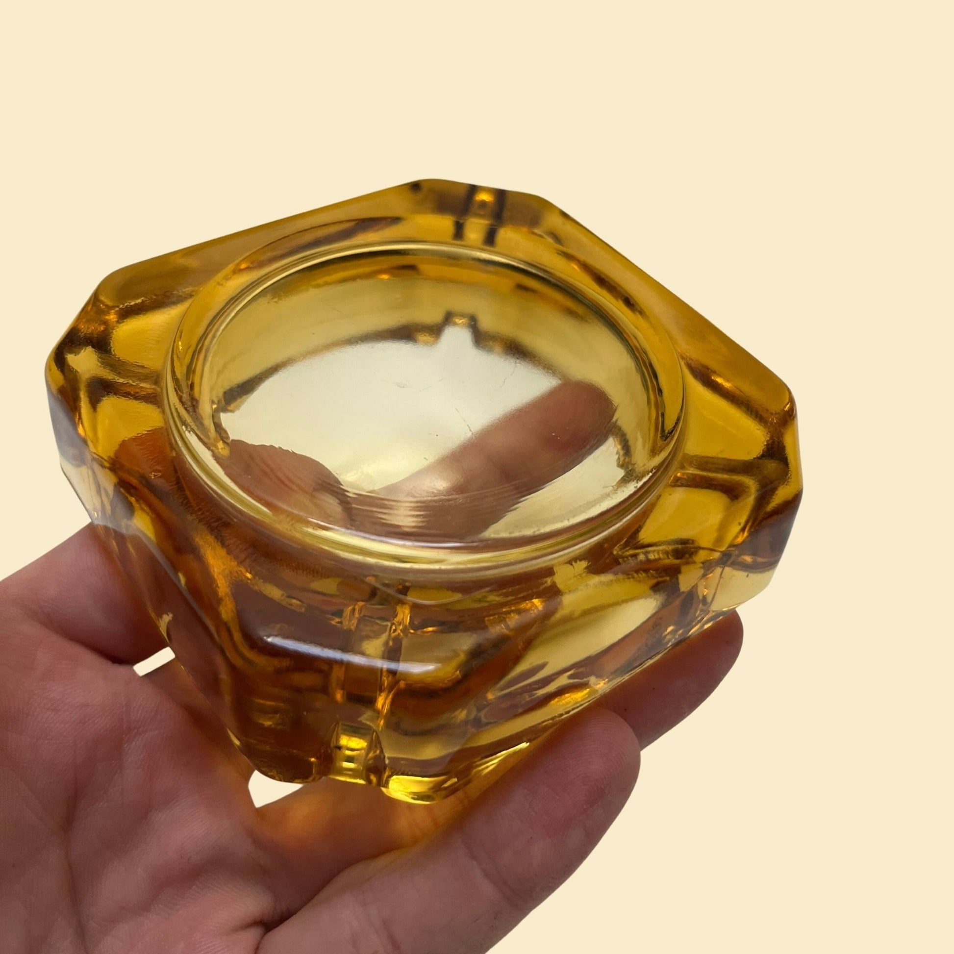 Vintage amber glass ash tray, c. 1970s orange ash tray with 4 openings