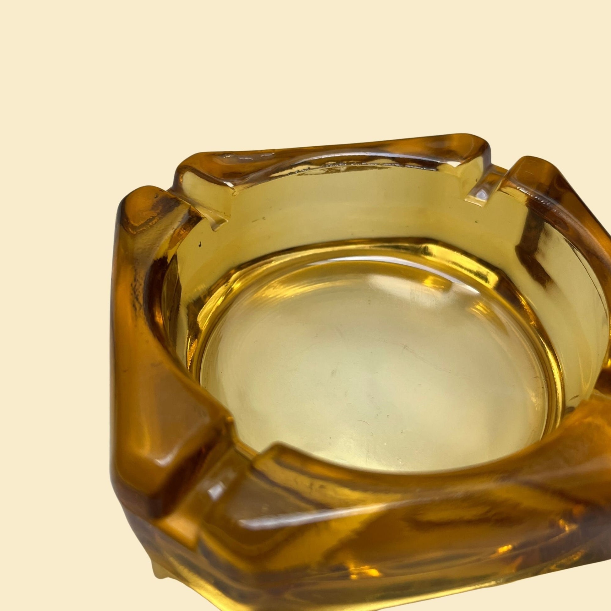 Vintage amber glass ash tray, c. 1970s orange ash tray with 4 openings