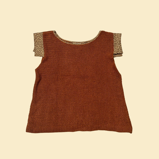 70s knit tank top / vest in burnt orange with leopard print details by Marie Barone, size small vintage women's top