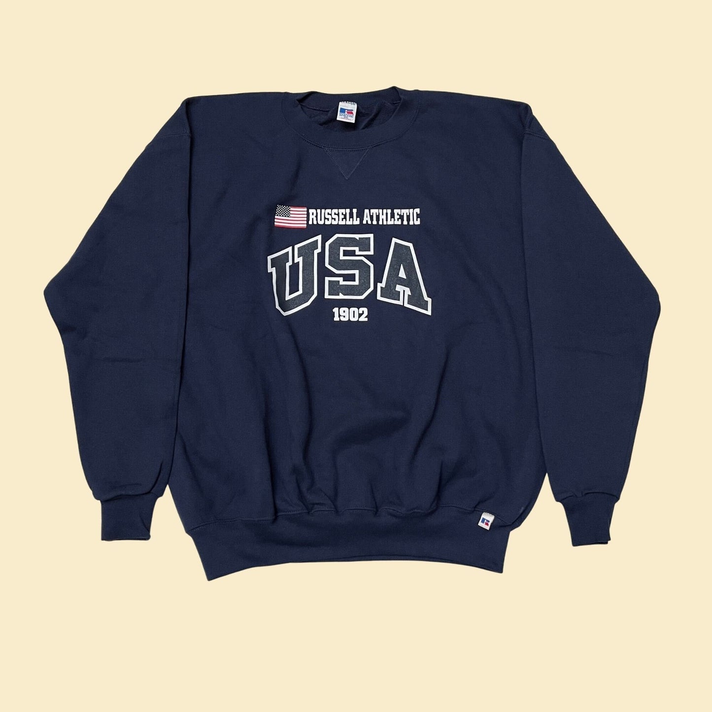 90s XXL Russell Athletic American flag crewneck sweatshirt, vintage 1990s Russel Athletic USA 1902 front logo pullover