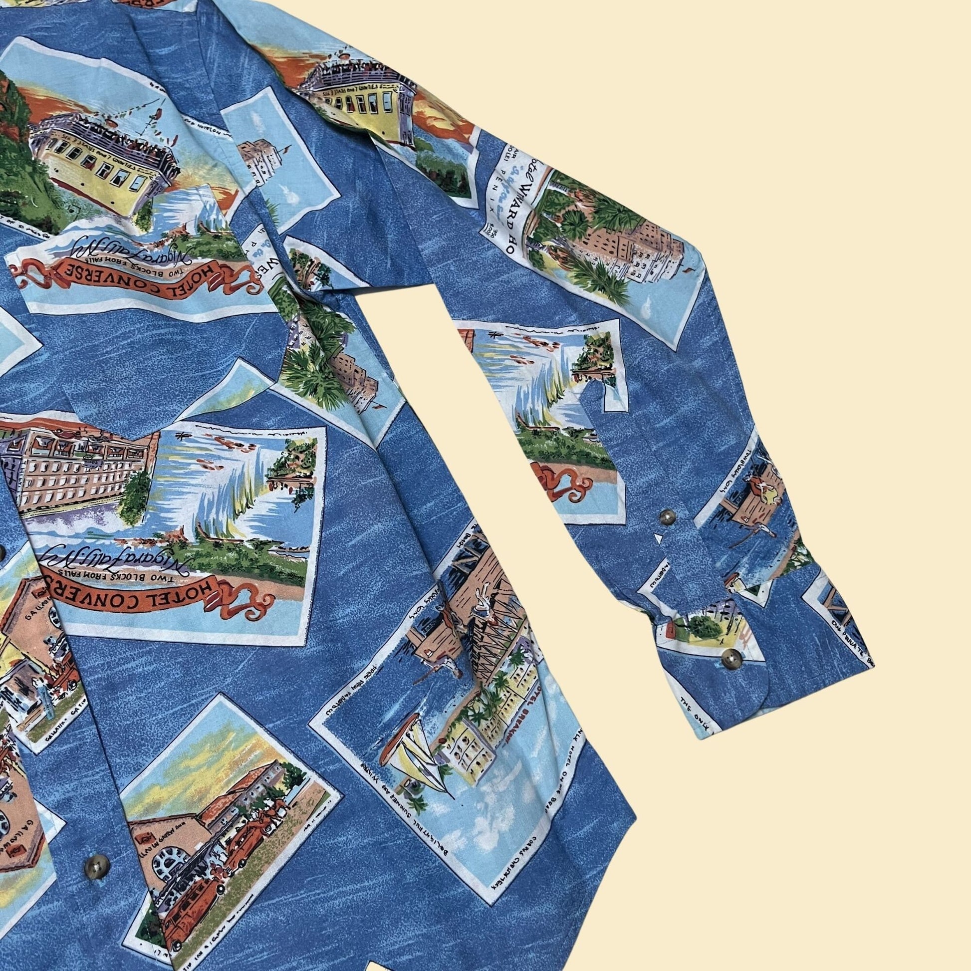 Crazy 70s shirt with post card / hotel theme in size M by Lord & Taylor Kensington Collection, vintage 1970s button down