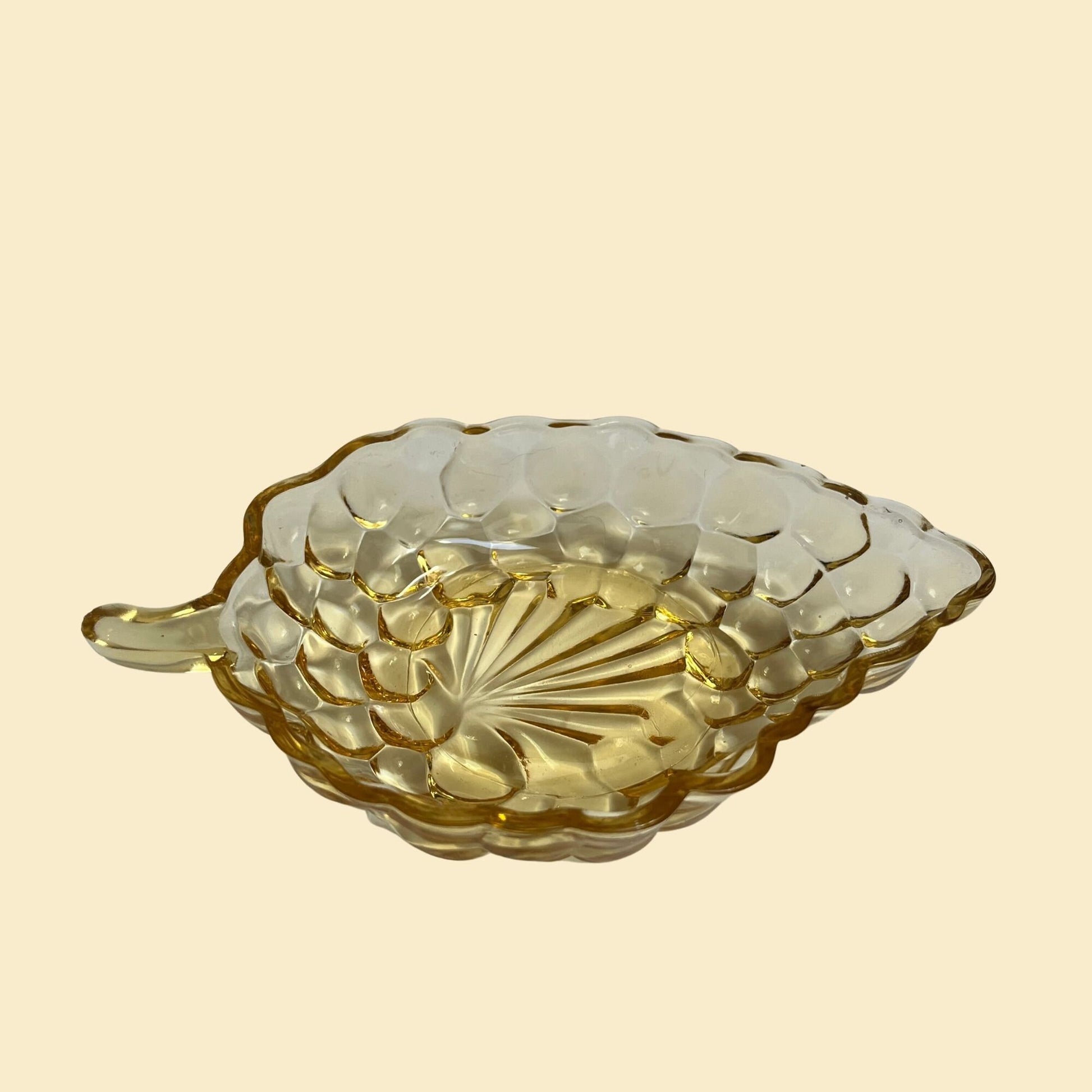 1940s Anchor Hocking bubble glass leaf shaped dish, vintage 40s grape shaped yellow dish