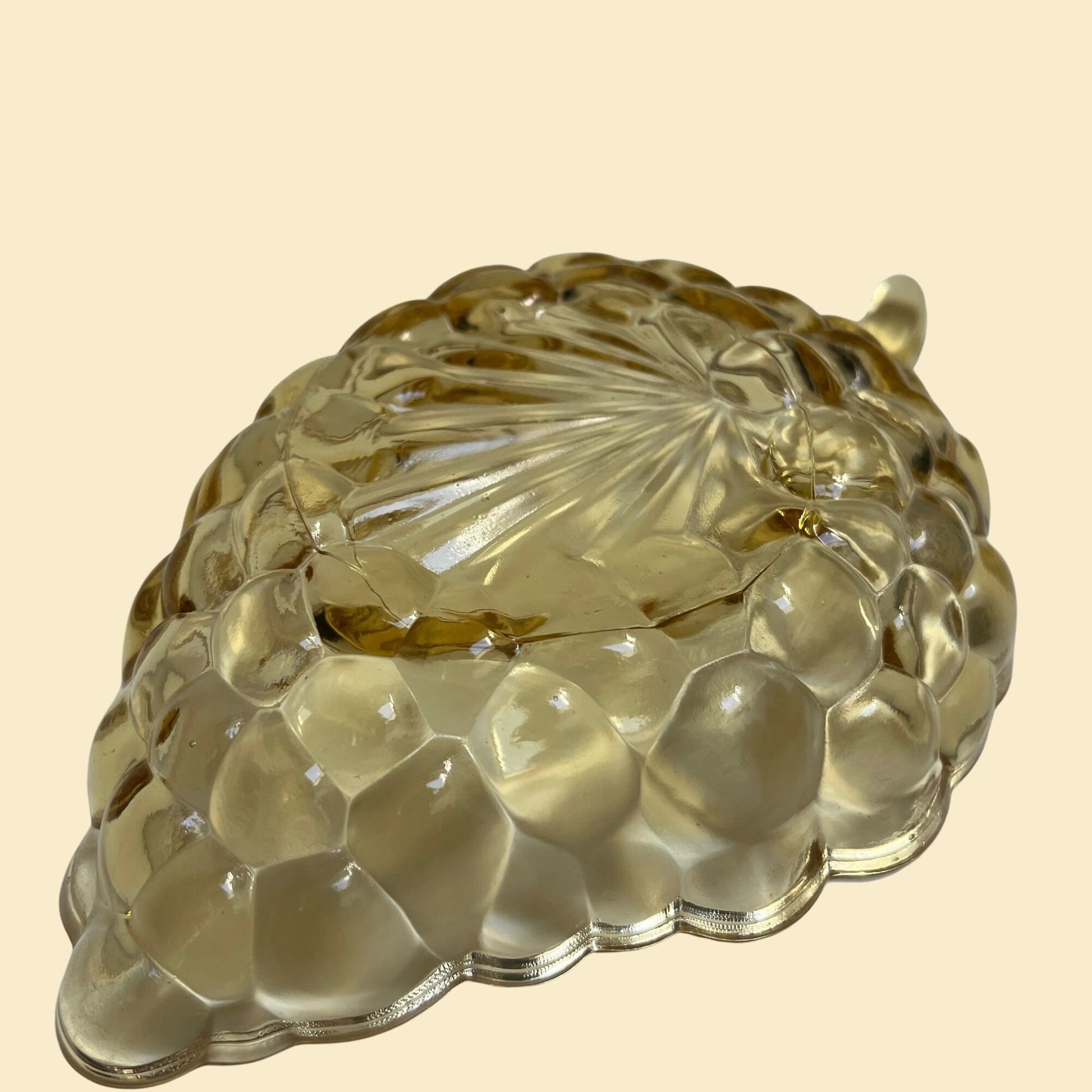 1940s Anchor Hocking bubble glass leaf shaped dish, vintage 40s grape shaped yellow dish