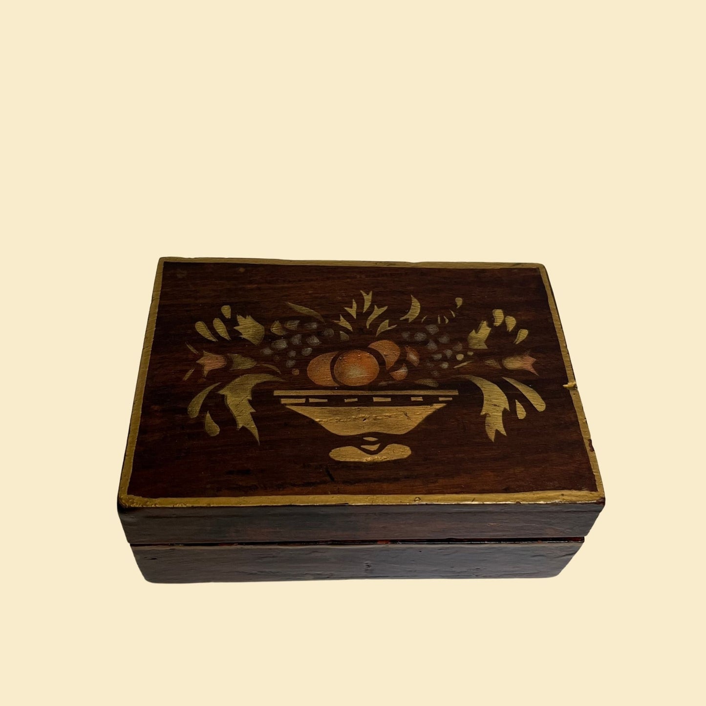 1970s wooden box with fruit bowl painting, vintage stained wood box with gold/orange stencil of fruit and flower bowl, small indian box