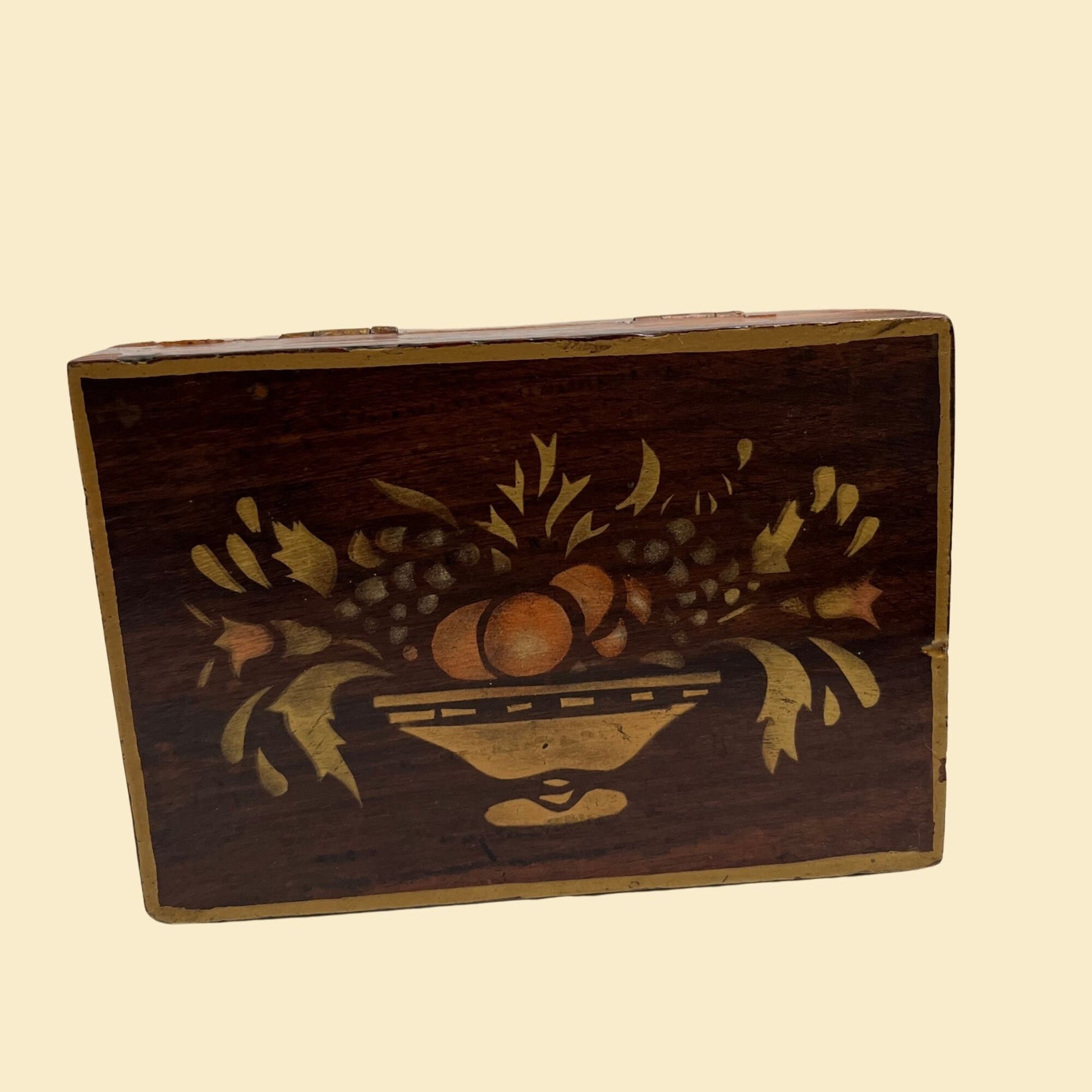 1970s wooden box with fruit bowl painting, vintage stained wood box with gold/orange stencil of fruit and flower bowl, small indian box