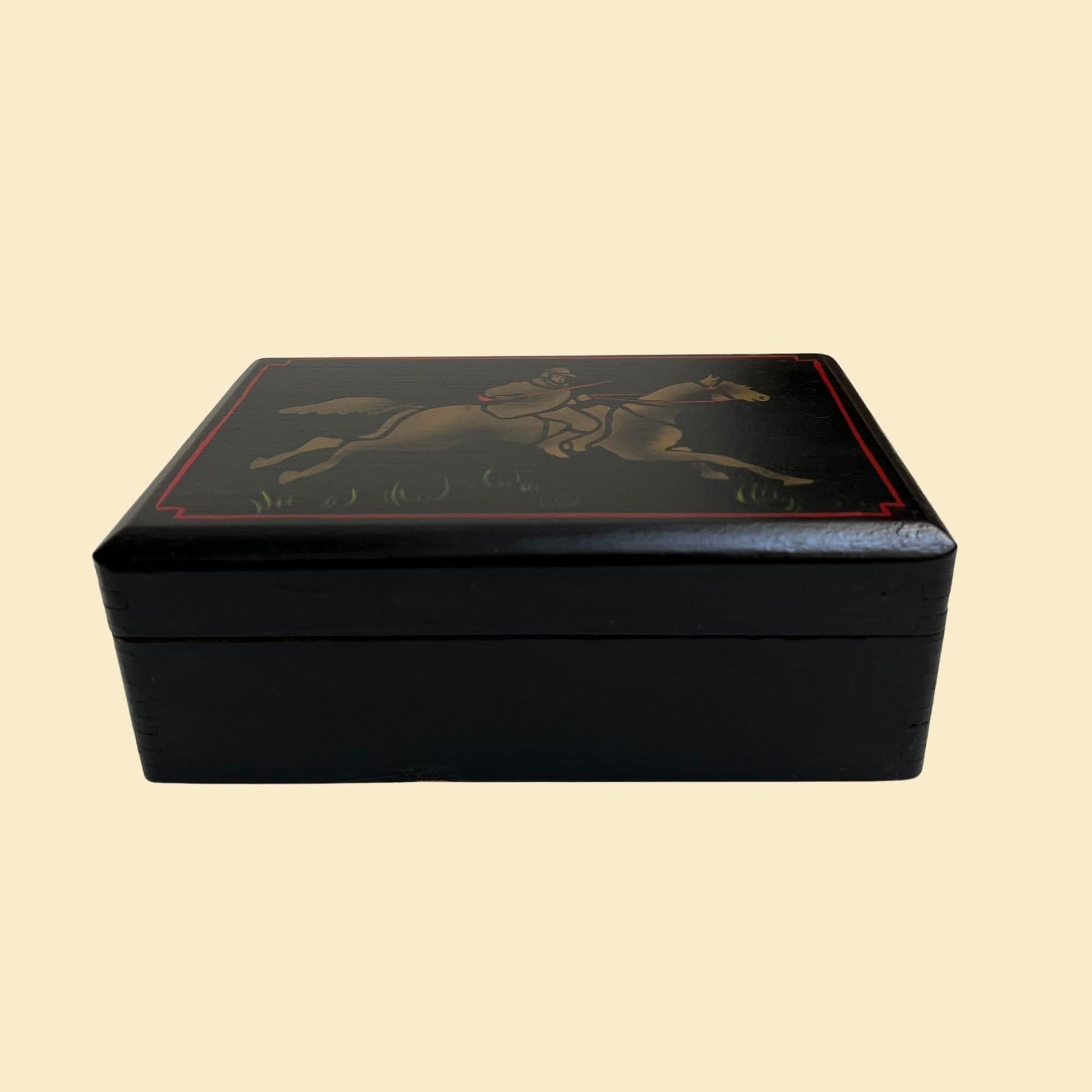 Vintage hand painted box with jousting horse design, c. 1970s black red and gold stenciled box with lid, 70s folk art box