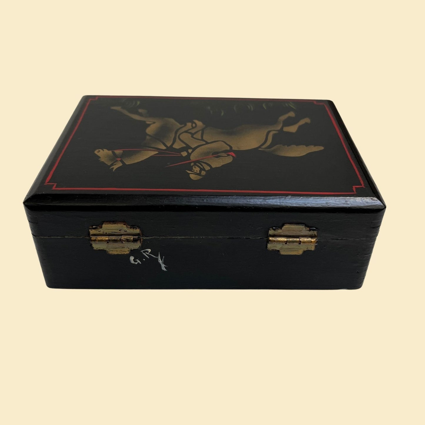 Vintage hand painted box with jousting horse design, c. 1970s black red and gold stenciled box with lid, 70s folk art box