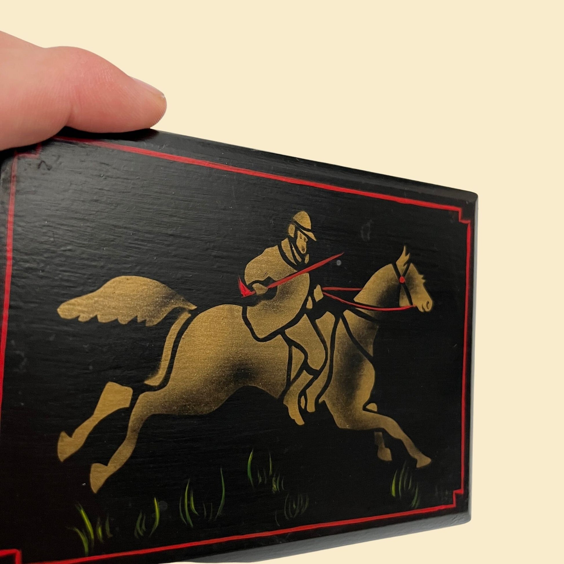 Vintage hand painted box with jousting horse design, c. 1970s black red and gold stenciled box with lid, 70s folk art box