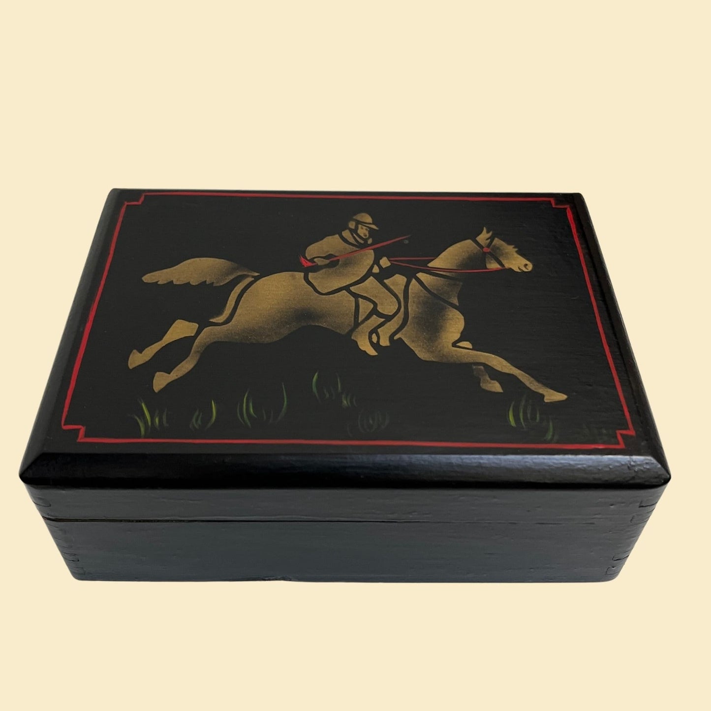 Vintage hand painted box with jousting horse design, c. 1970s black red and gold stenciled box with lid, 70s folk art box