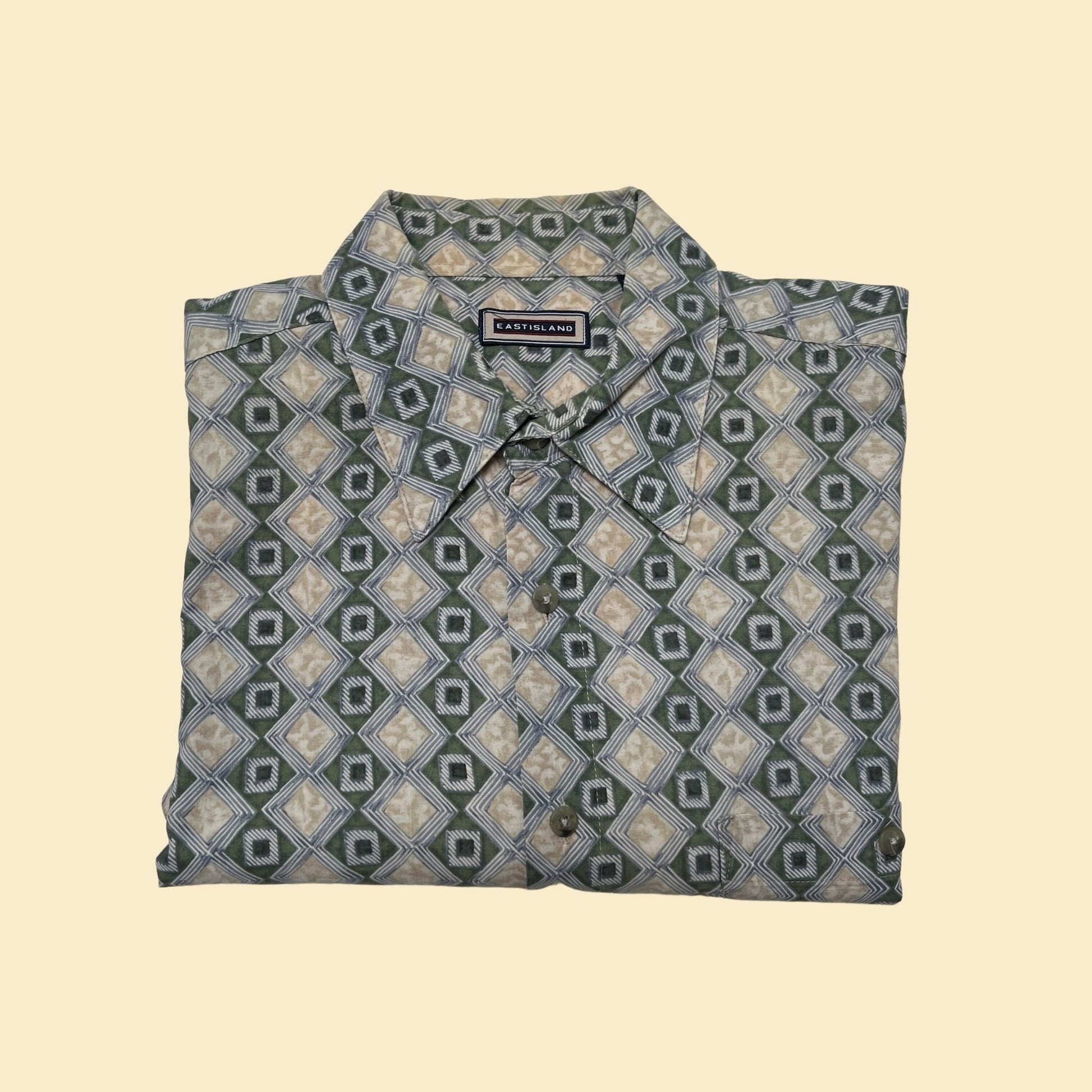 90s geometric shirt by Eastiland, men's short sleeve medium button down with geometric diamond/box pattern, blue green and beige casual top