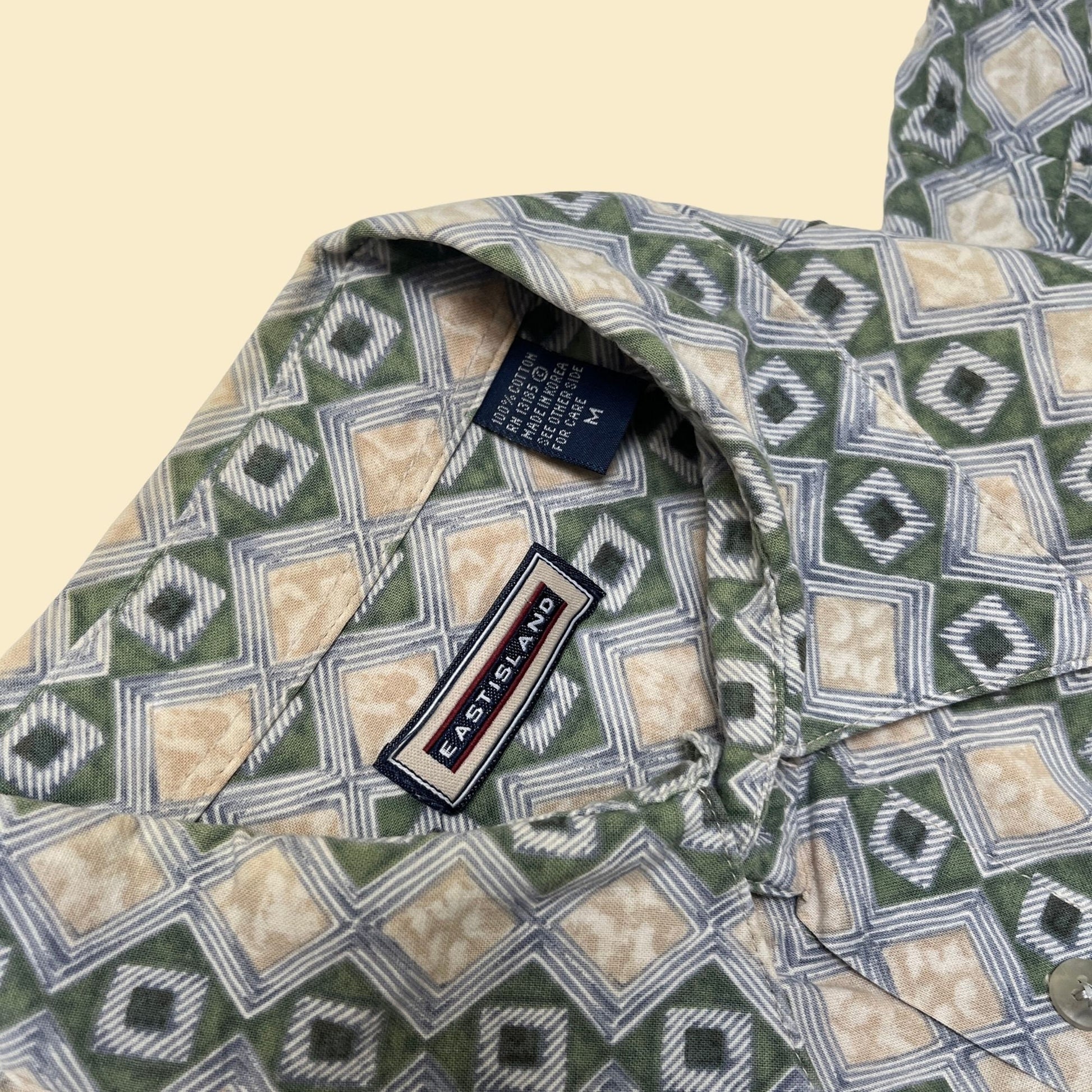 90s geometric shirt by Eastiland, men's short sleeve medium button down with geometric diamond/box pattern, blue green and beige casual top