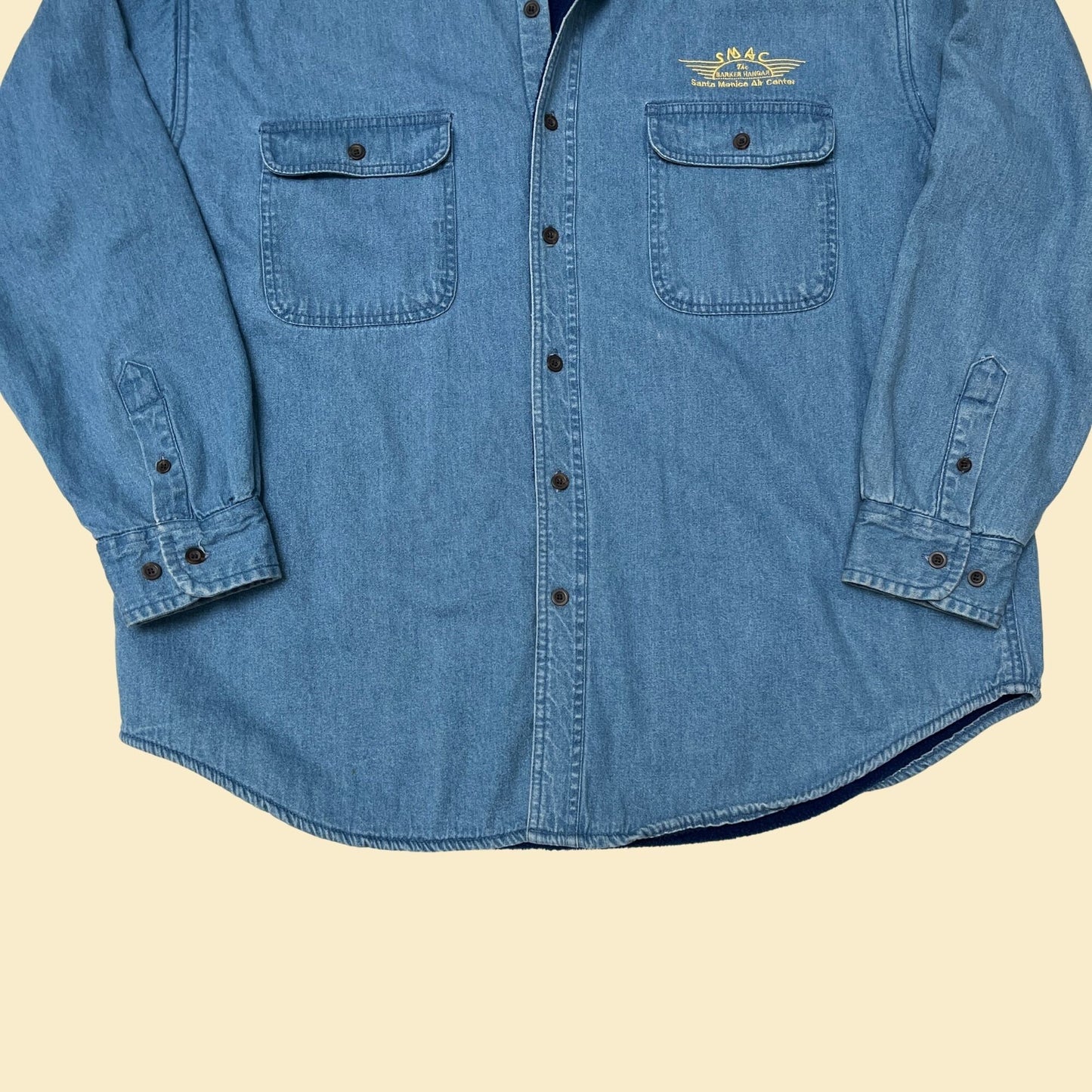 90s fleece lined denim shirt, vintage 1990s chambray button down with Barker Hangar embroidery, XL thick denim shirt