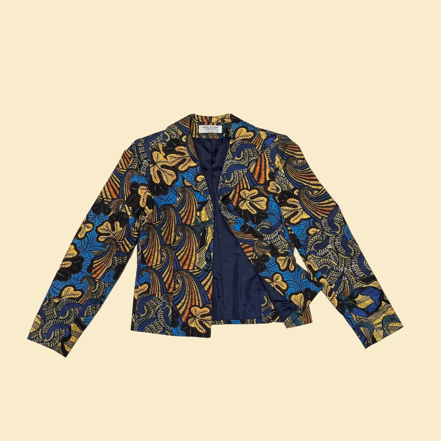 80s abstract blazer by Roth Le Cover California, vintage 1980s psychedelic blue and yellow women's blazer with shoulder pads