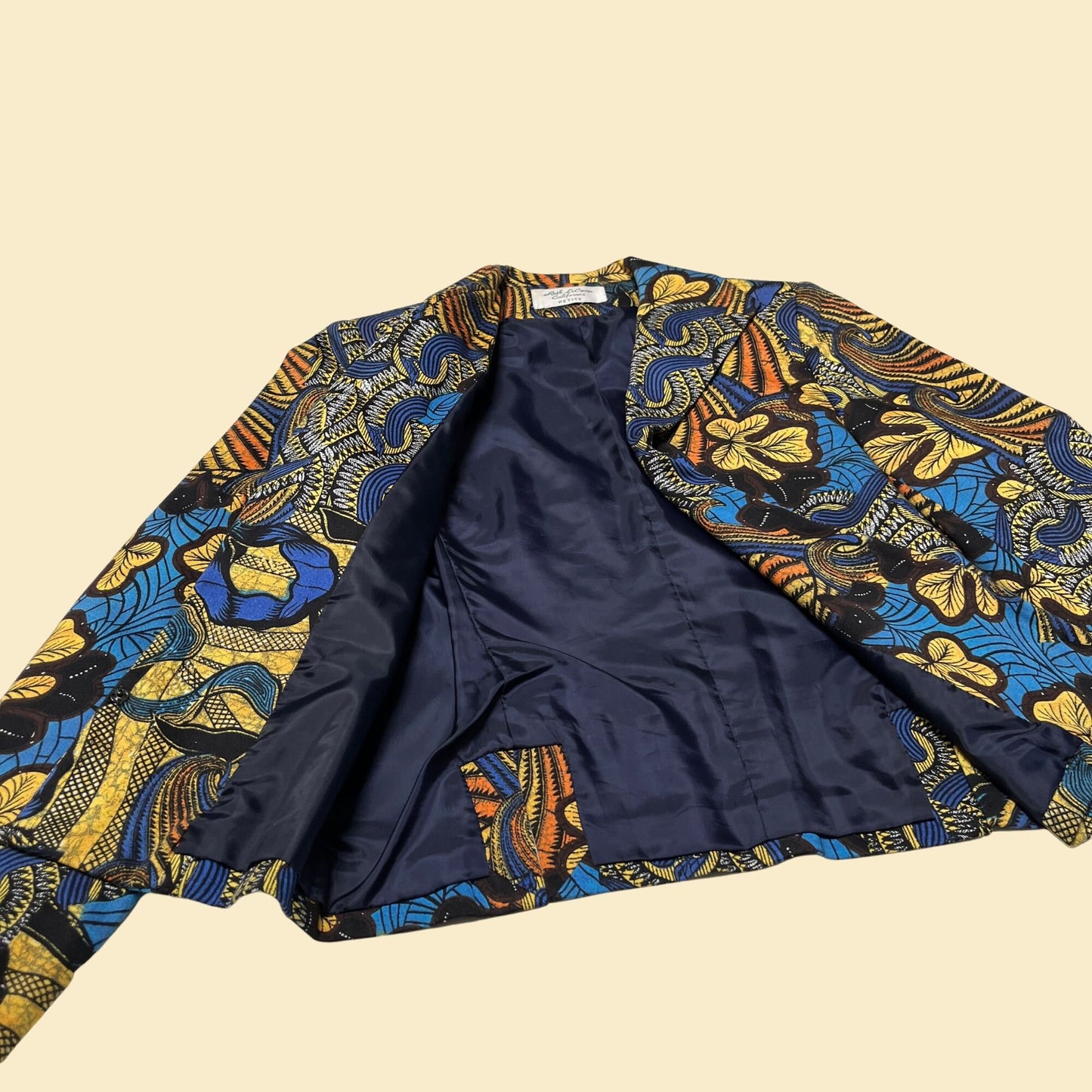 80s abstract blazer by Roth Le Cover California, vintage 1980s psychedelic blue and yellow women's blazer with shoulder pads