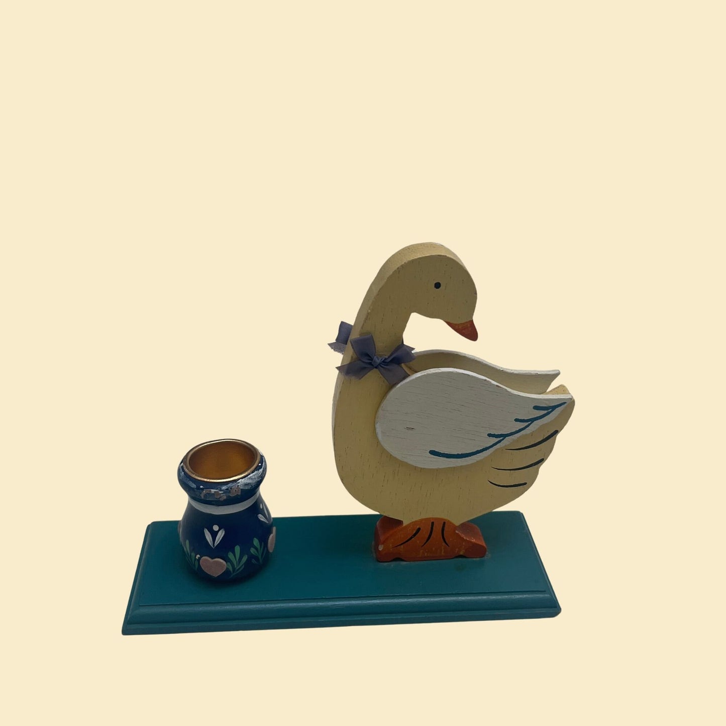 Vintage duck / swan candlestick holder, 1980s painted wooden candle stick holder