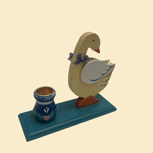 Vintage duck / swan candlestick holder, 1980s painted wooden candle stick holder