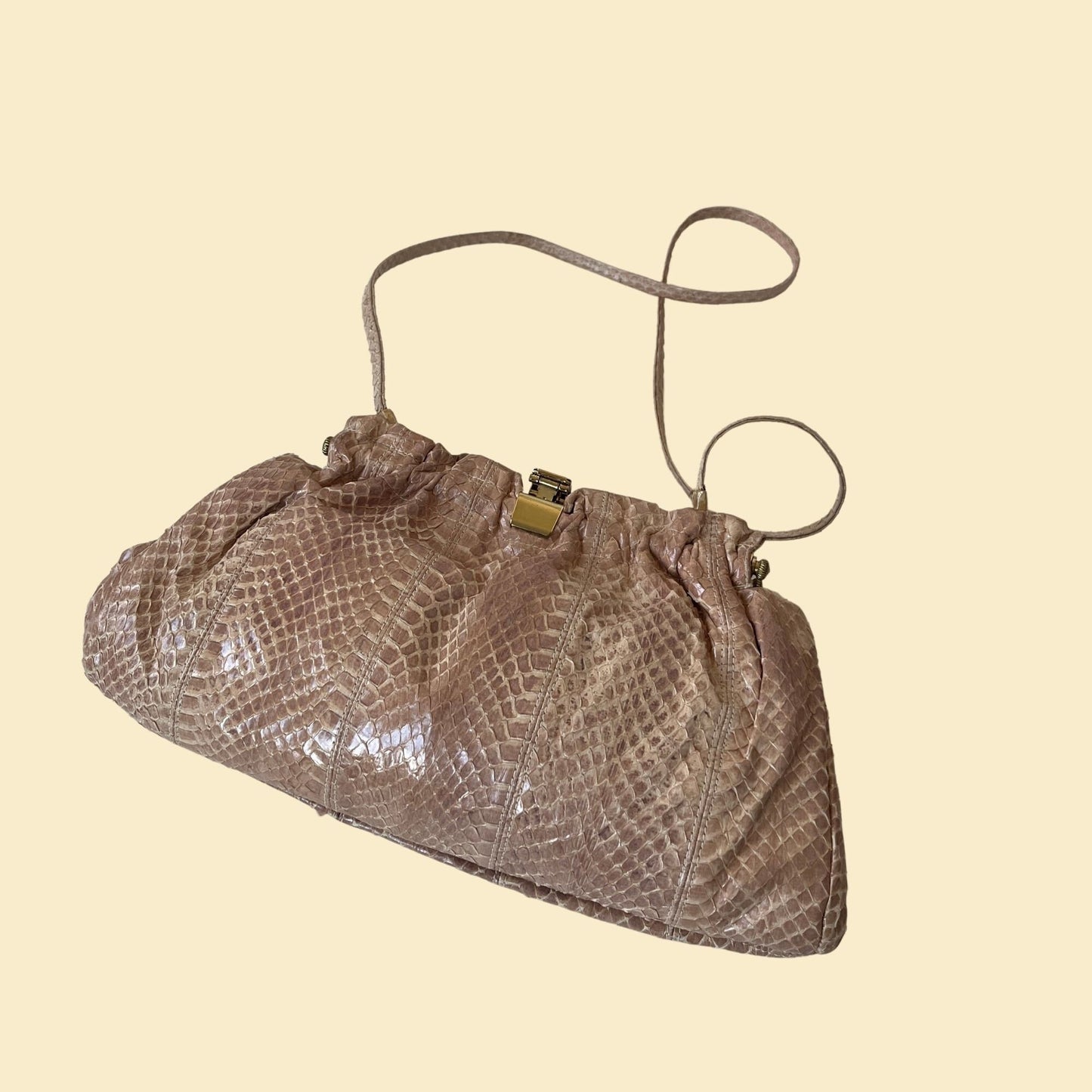 80s snake skin bag by Bags by Varon, vintage 1980s beige/brown purse with shoulder strap