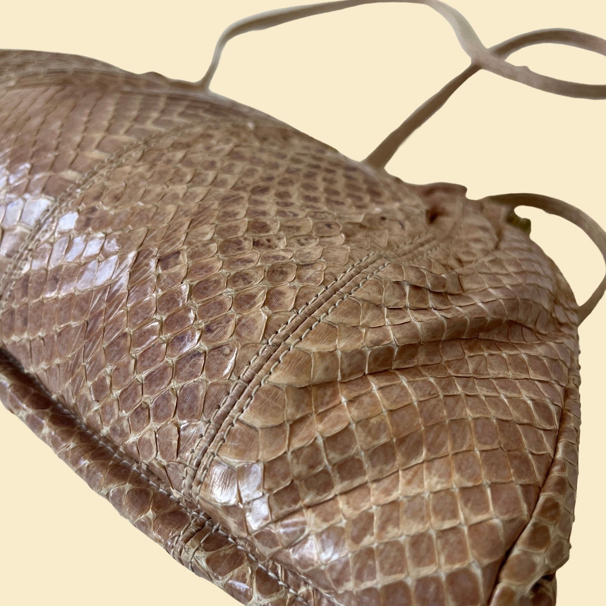 80s snake skin bag by Bags by Varon, vintage 1980s beige/brown purse with shoulder strap