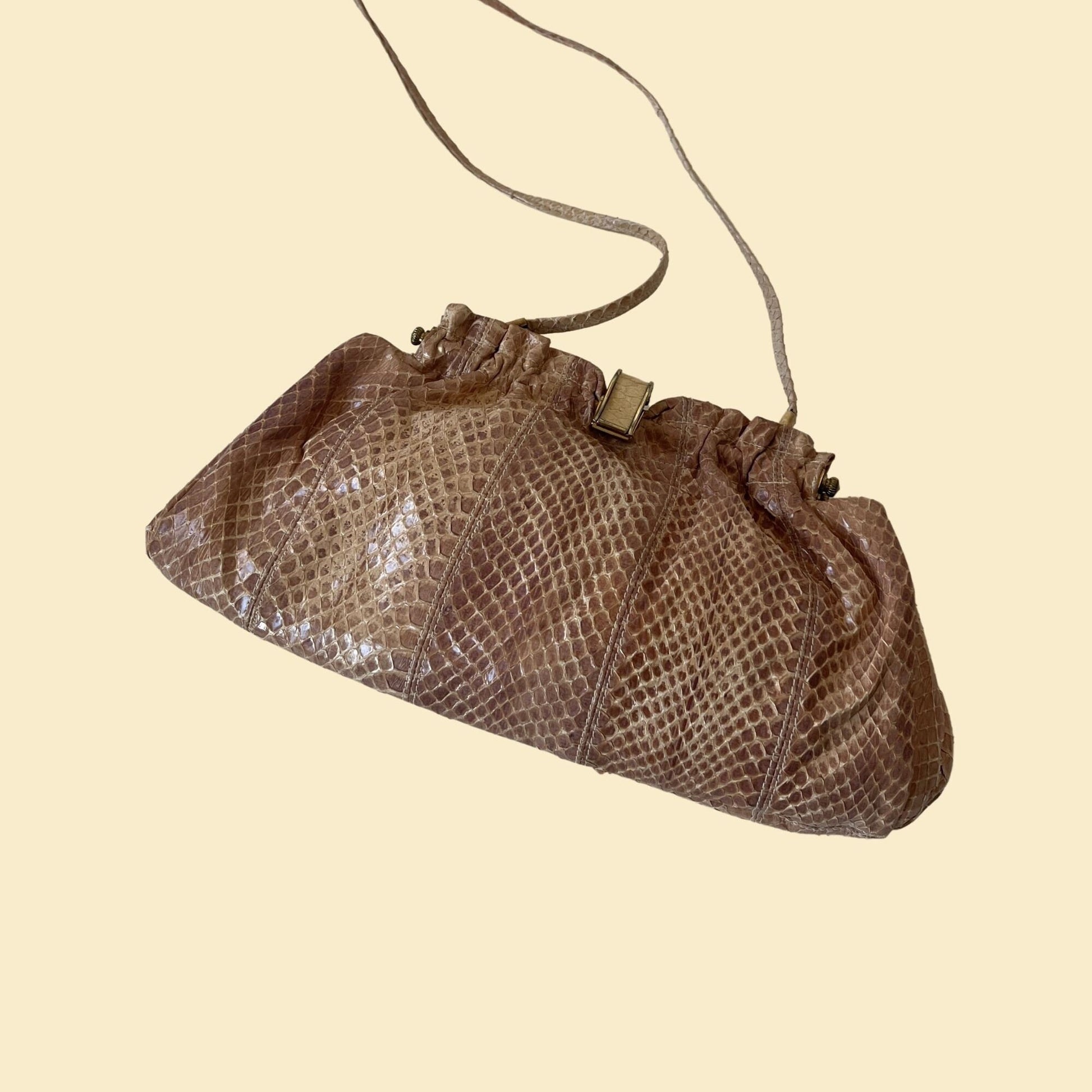 80s snake skin bag by Bags by Varon, vintage 1980s beige/brown purse with shoulder strap