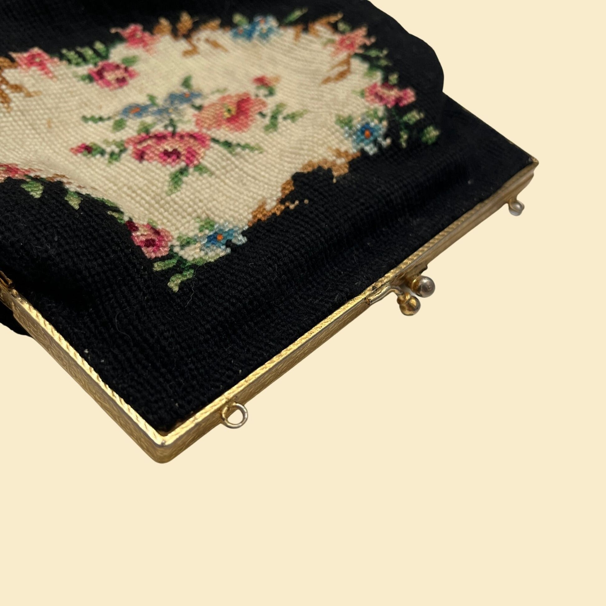 60s needlepoint handbag with floral design, vintage black and brass flower patterned black purse