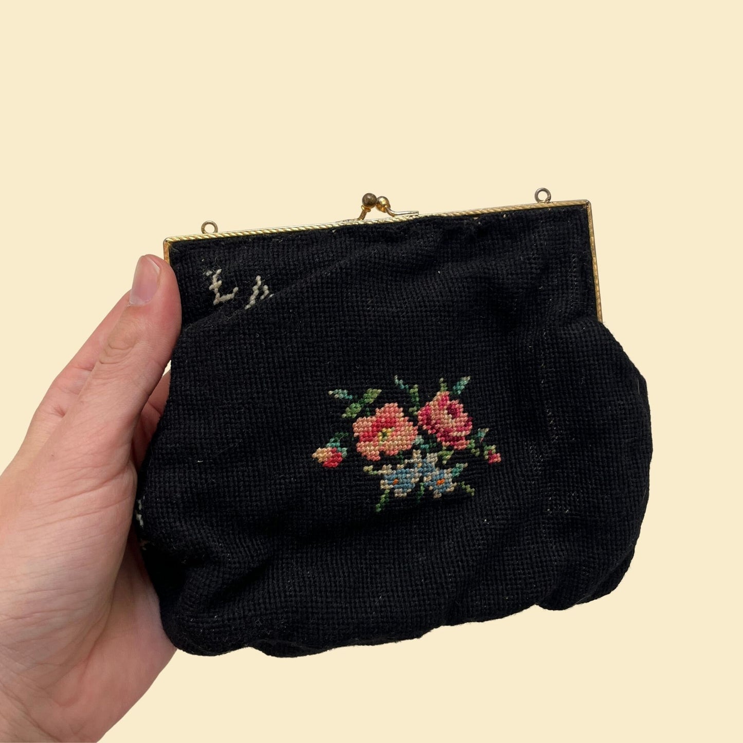 60s needlepoint handbag with floral design, vintage black and brass flower patterned black purse