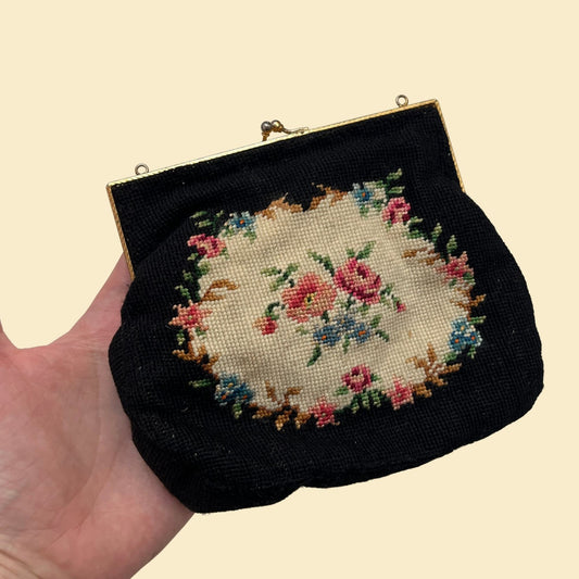 60s needlepoint handbag with floral design, vintage black and brass flower patterned black purse