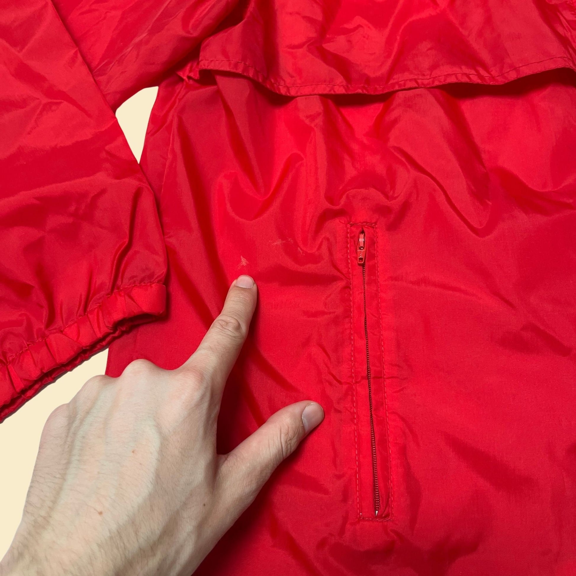 90s red windbreaker jacket by Stream Designs, vintage XL solid red zip up track jacket with storage bag