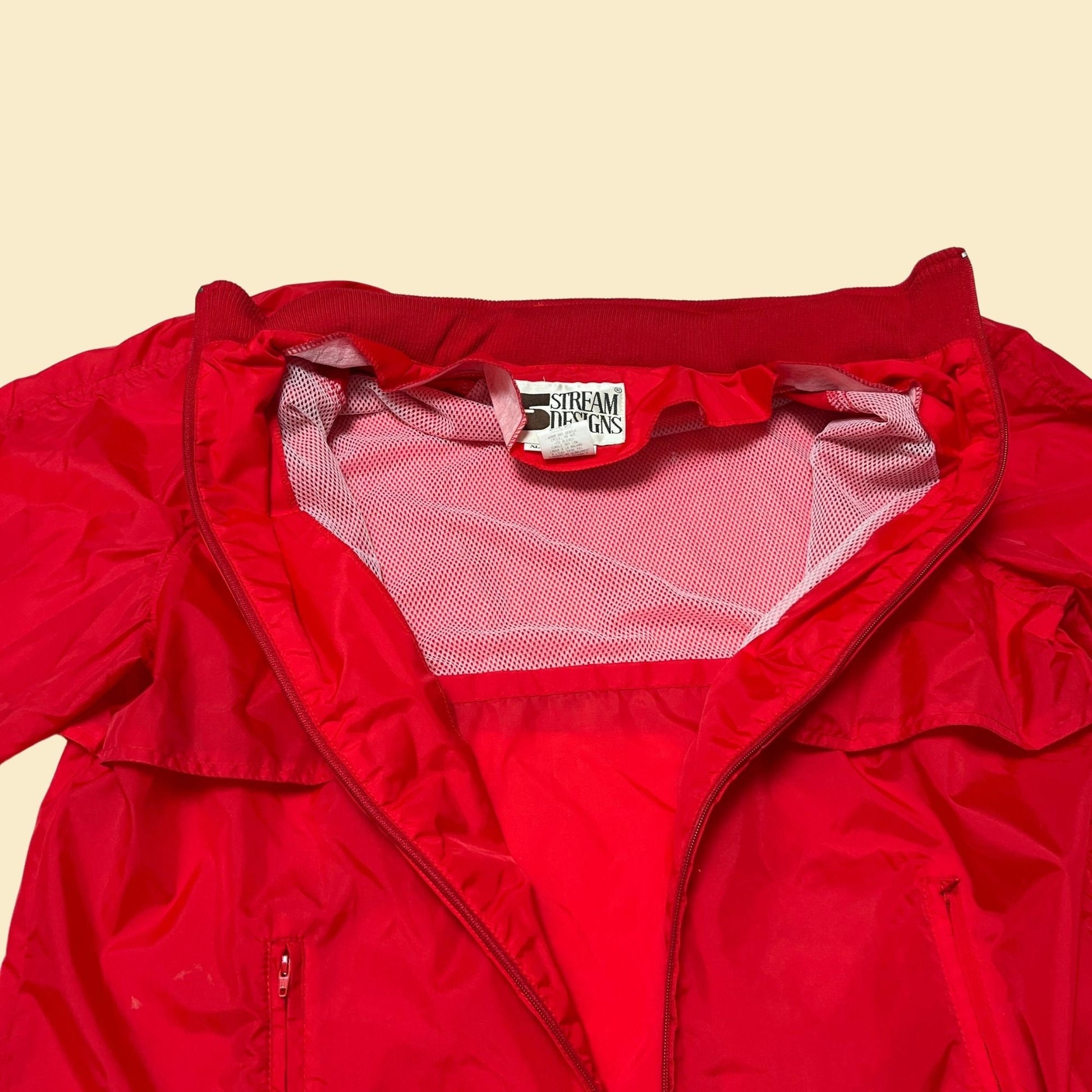 90s red windbreaker jacket by Stream Designs, vintage XL solid red zip up track jacket with storage bag