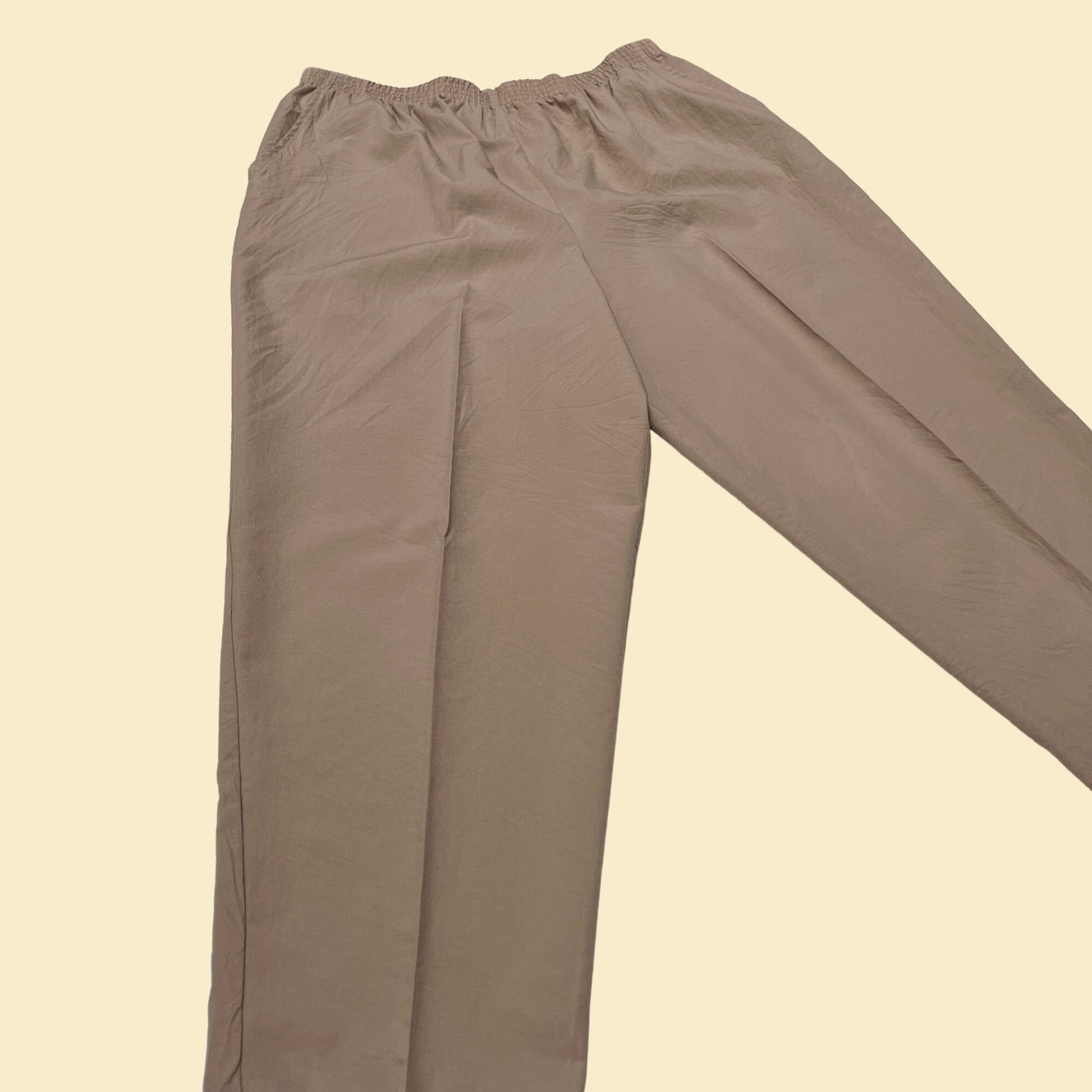 High rise 90s pants by Teddi, vintage beige size 16 women's pants, 1990s tan pants with elastic waist