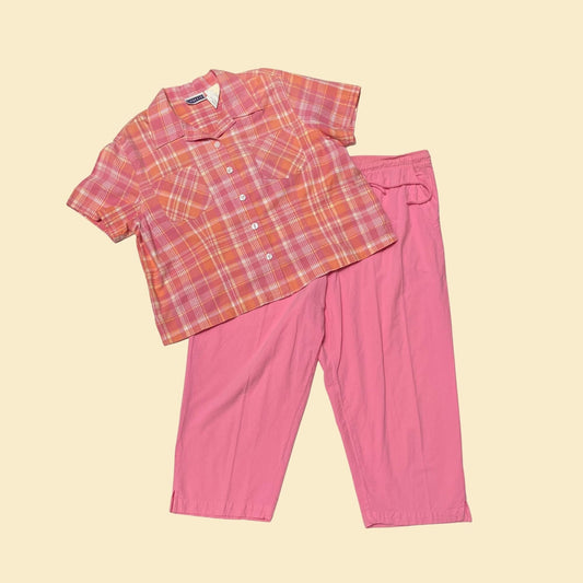 80s two piece shirt and pant set by Erica & Co, vintage 1980s pink and orange button down blouse / casual pants set