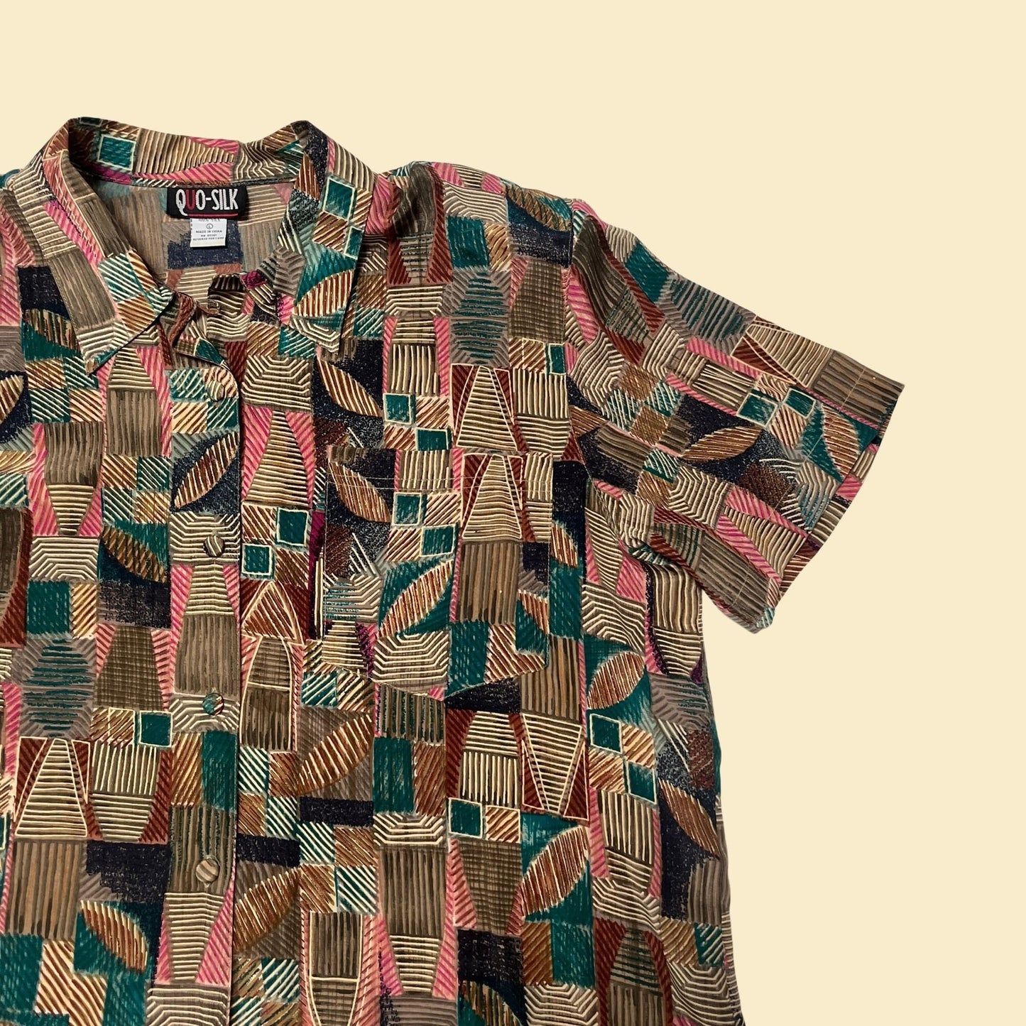 80s silk button down shirt by Quo-silk, teal pink and brown vintage 1980s geometric patterned women's blouse