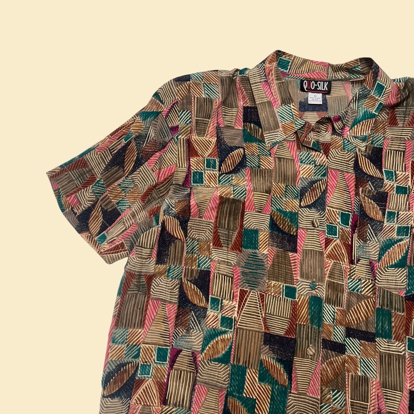 80s silk button down shirt by Quo-silk, teal pink and brown vintage 1980s geometric patterned women's blouse