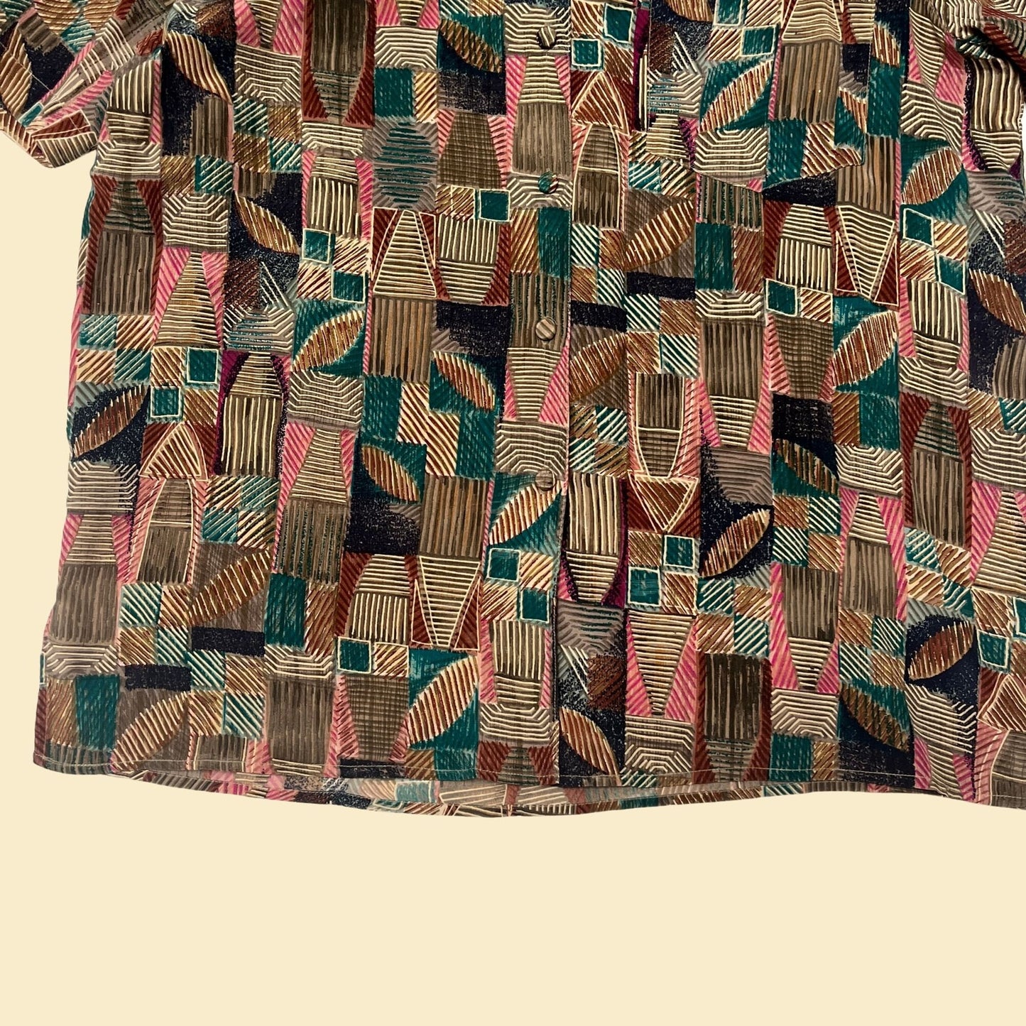 80s silk button down shirt by Quo-silk, teal pink and brown vintage 1980s geometric patterned women's blouse