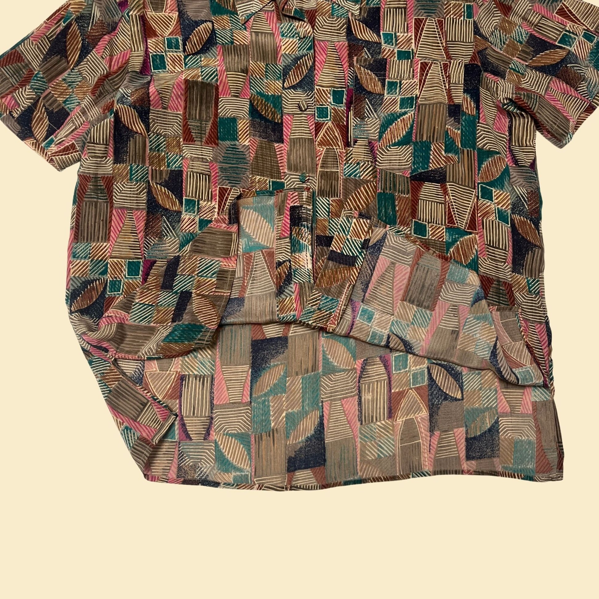 80s silk button down shirt by Quo-silk, teal pink and brown vintage 1980s geometric patterned women's blouse