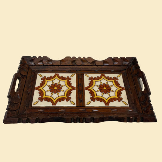 Vintage hand carved tray with ceramic tiles, 1970s wooden and Spanish tile decorative wall hanging tray with handles and hook